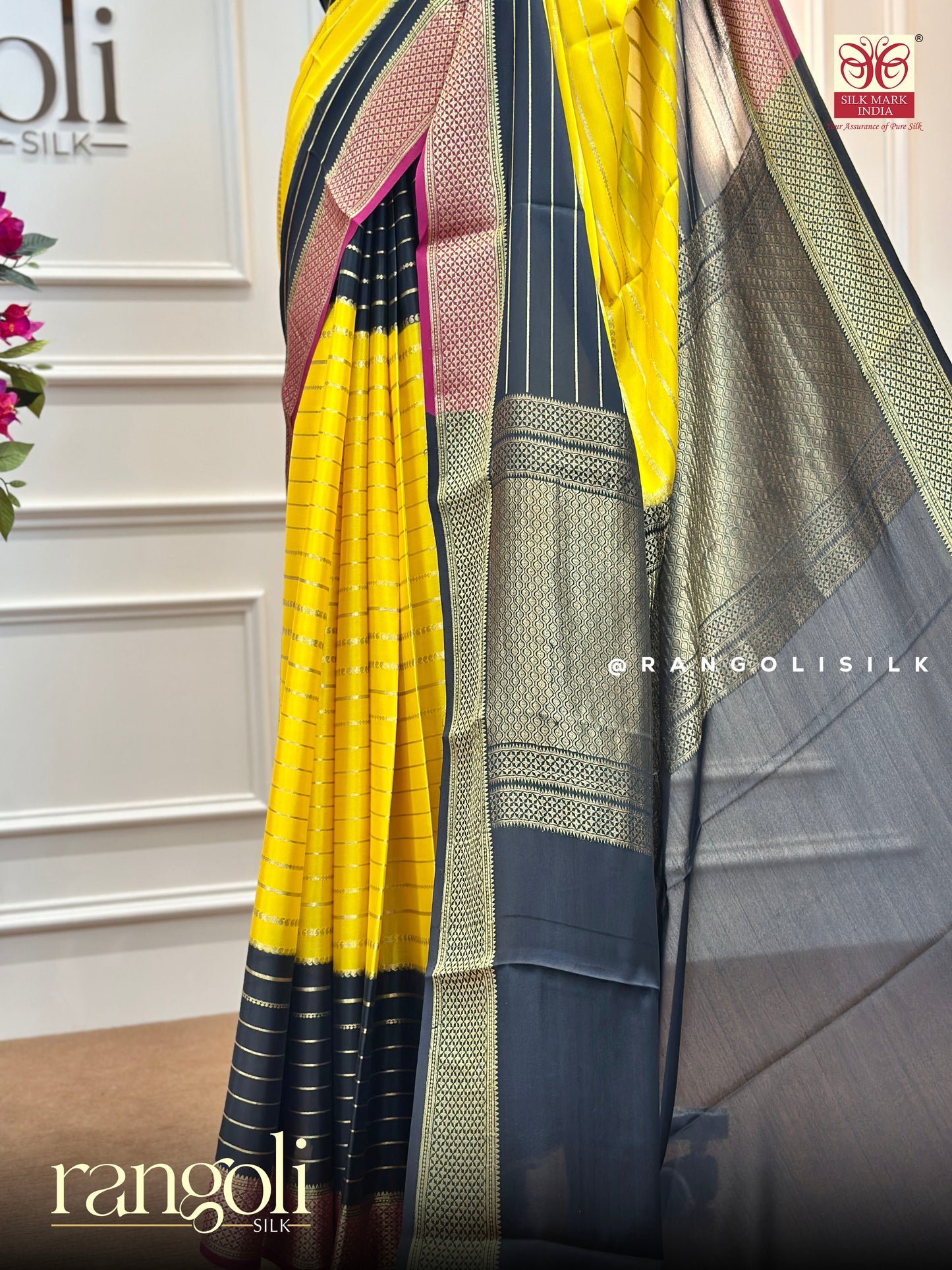 Pure Mysore Silk Saree in Vibrant Yellow with Black & Maroon 3D Pattern - Post 542