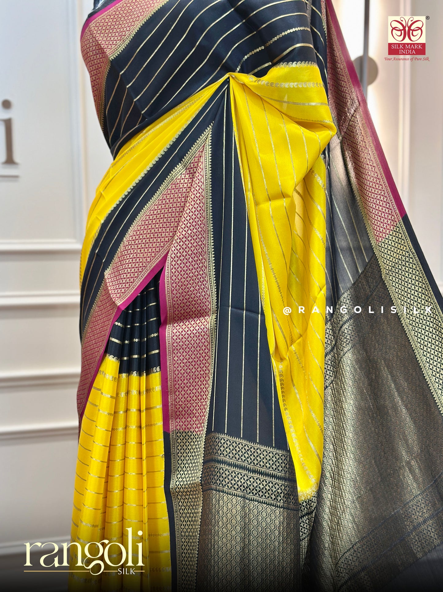 Pure Mysore Silk Saree in Vibrant Yellow with Black & Maroon 3D Pattern - Post 542