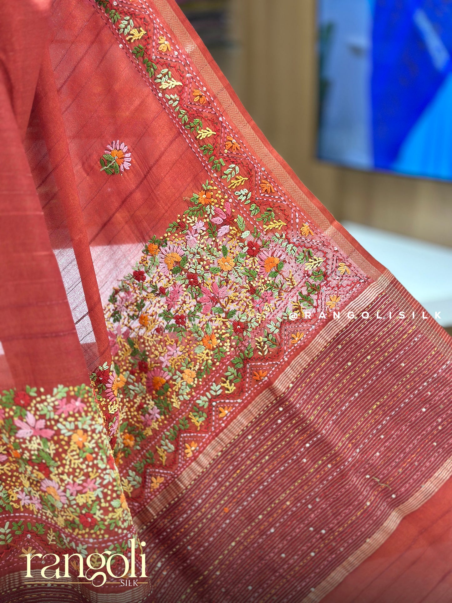 Orange Cotton Saree with Floral Embroidery Border & Designer Pallu - Post 966