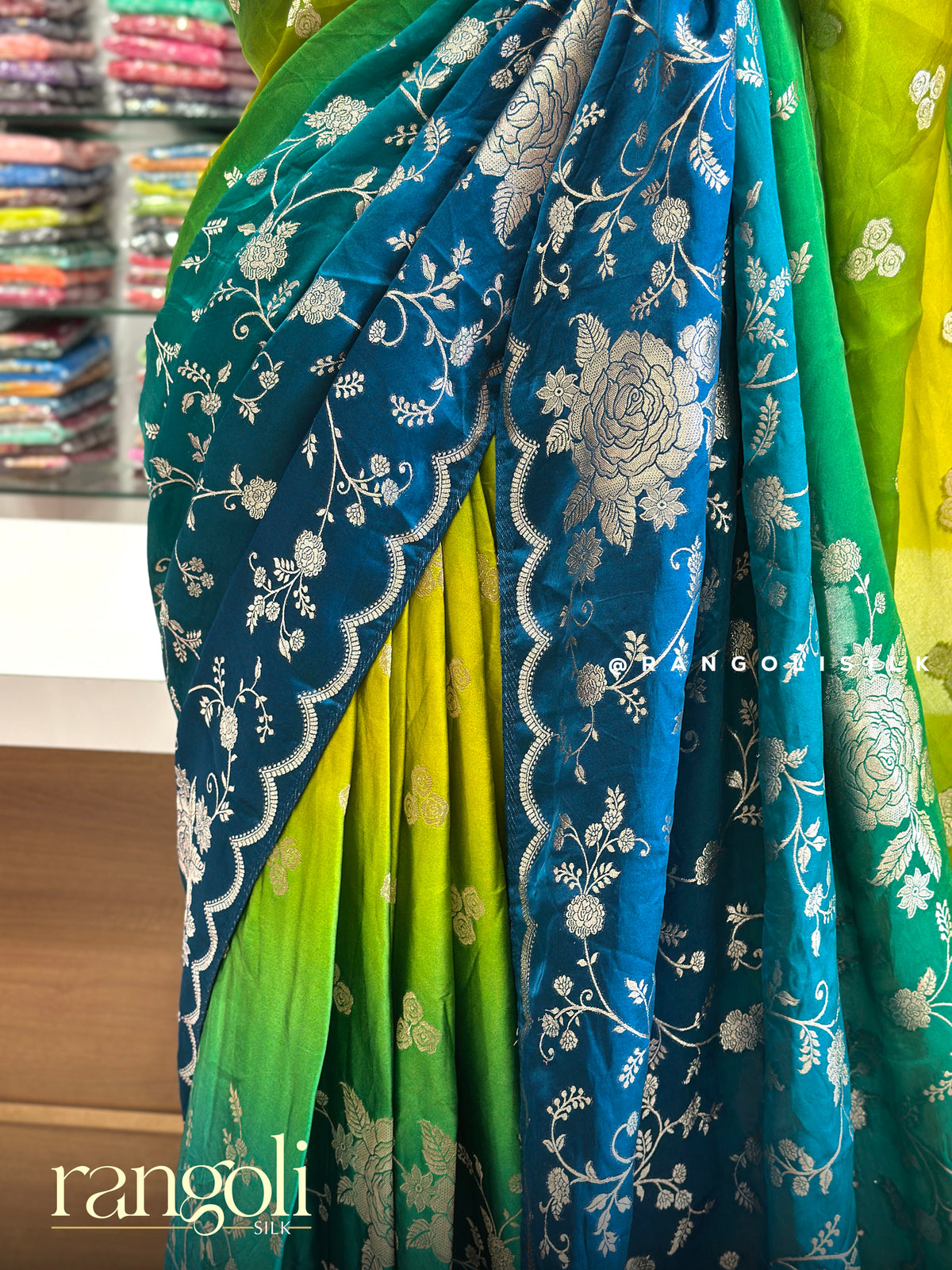 Banaras Saree with Silver Zari Floral Jaal & Scalloped Border - Post 1058