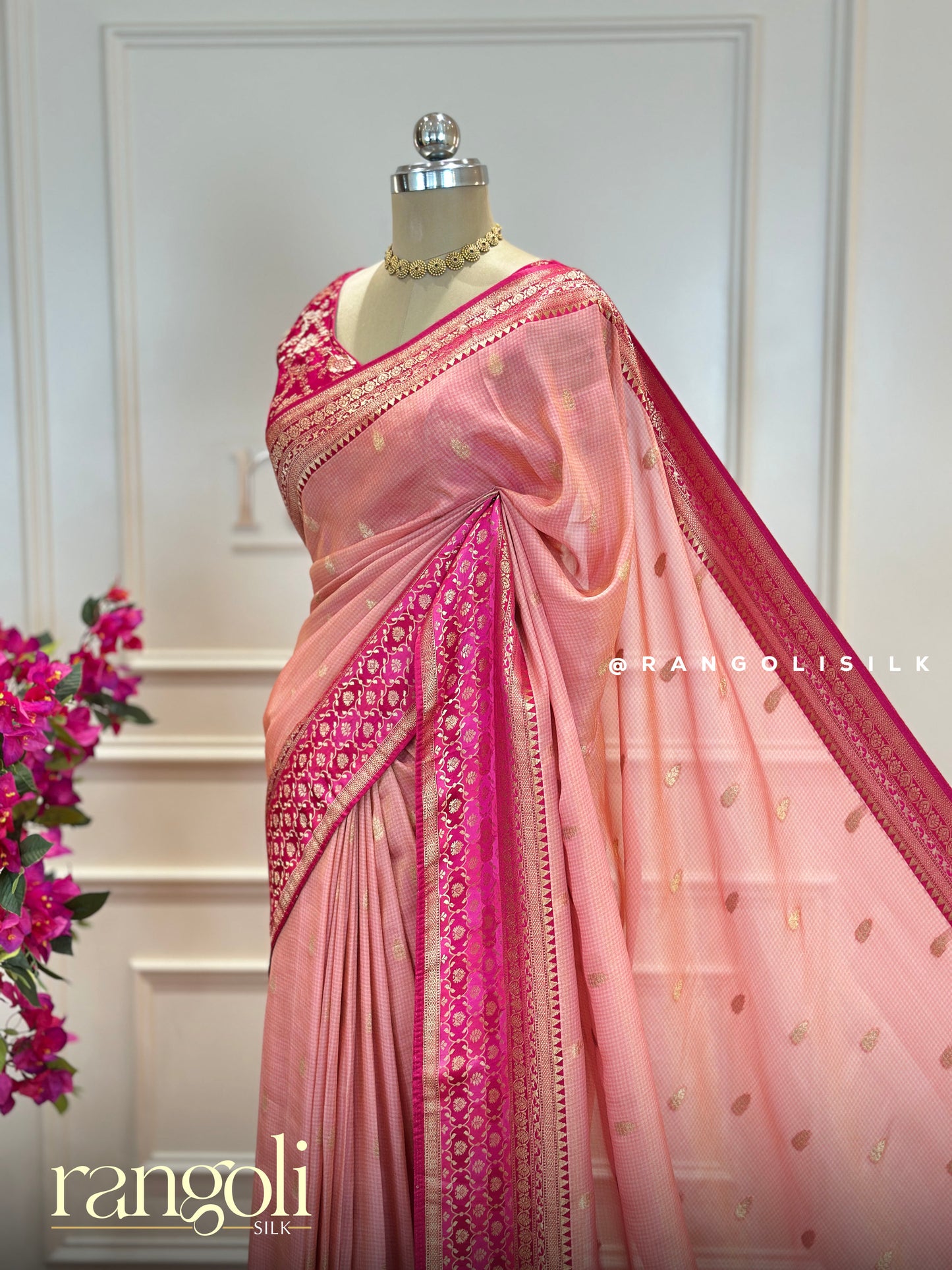 Blush Pink Tissue Banarasi Saree with Fuchsia Borders & Intricate Zari - Post 544