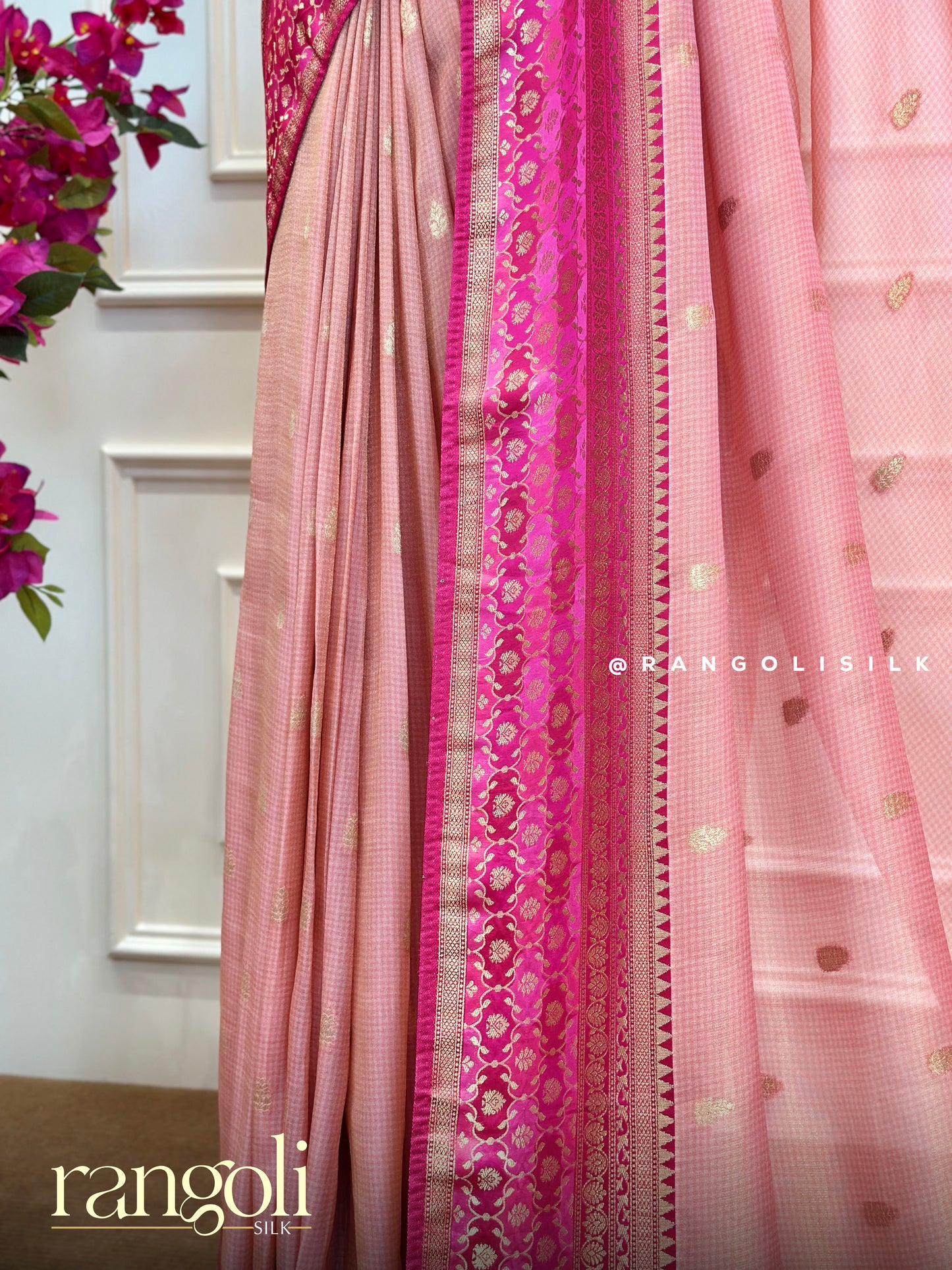 Blush Pink Tissue Banarasi Saree with Fuchsia Borders & Intricate Zari - Post 544