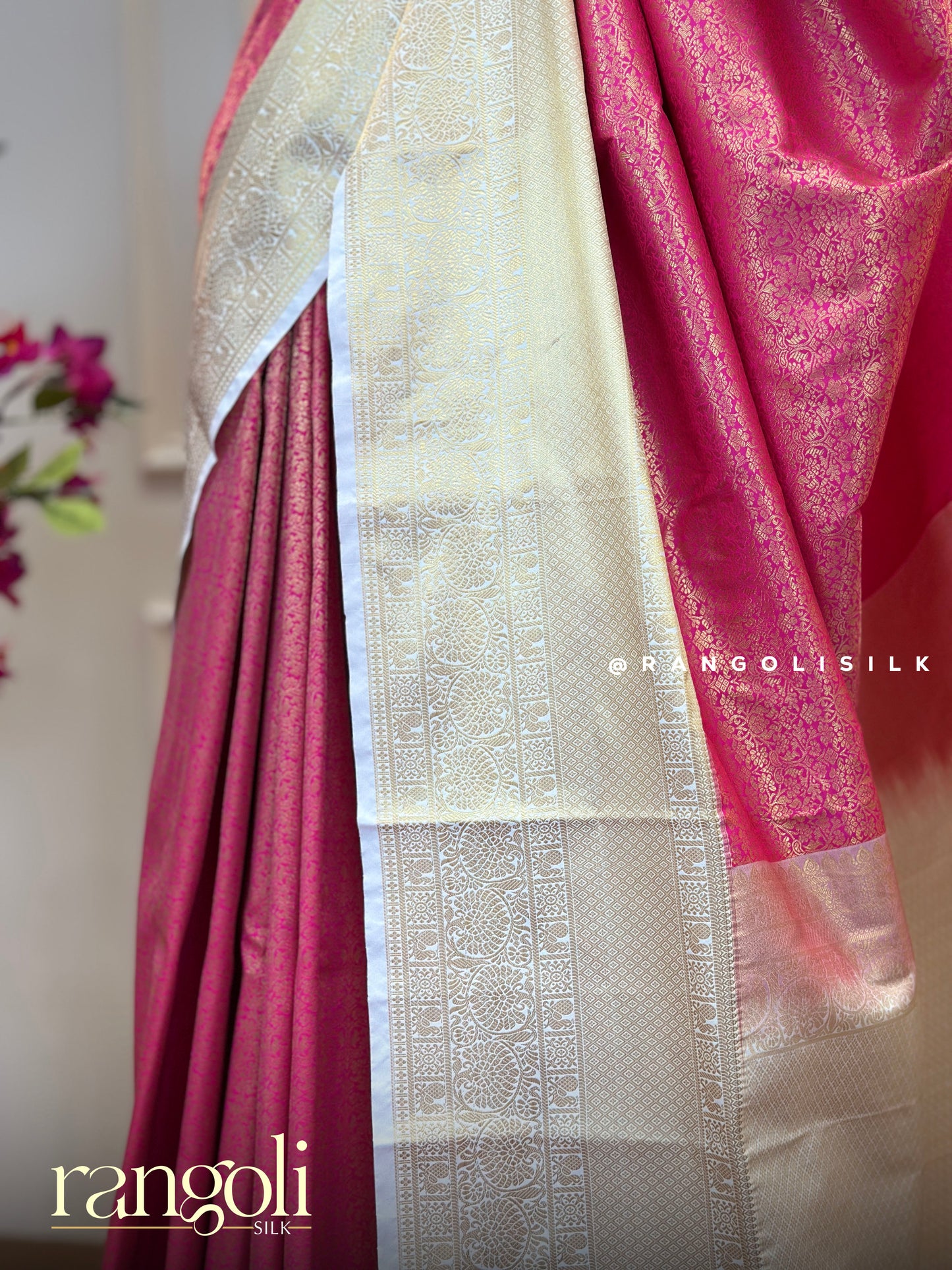 Semi Kanjivaram Silk Saree in Pink & Ivory with Zari Detailing - Post 546