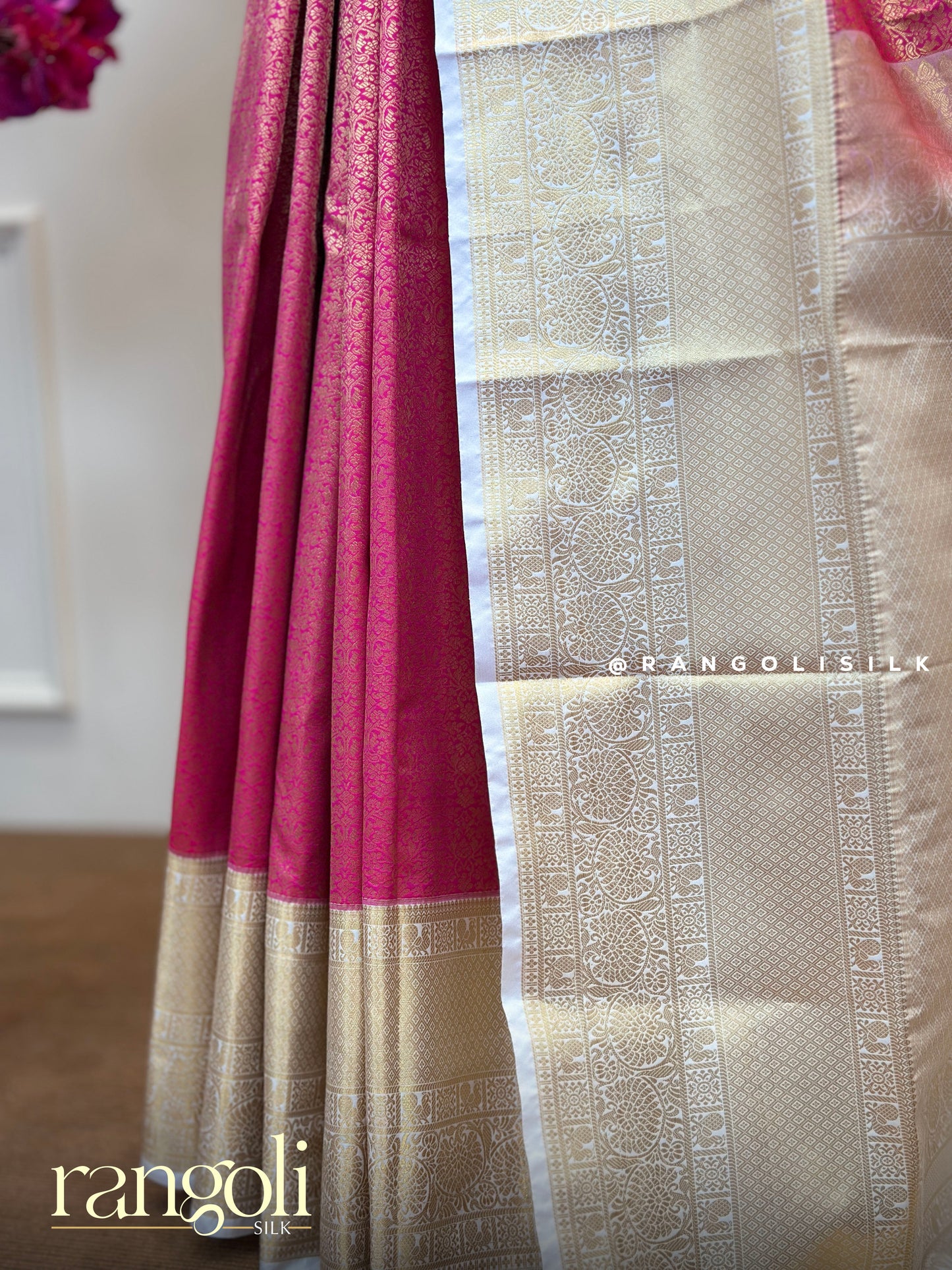 Semi Kanjivaram Silk Saree in Pink & Ivory with Zari Detailing - Post 546