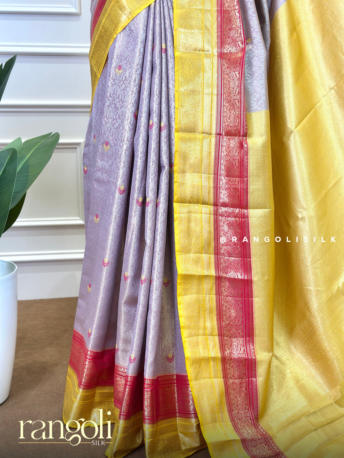 Tissue Silk Saree with Woven Buttas & Broad Contrast Zari Border - Post 1062