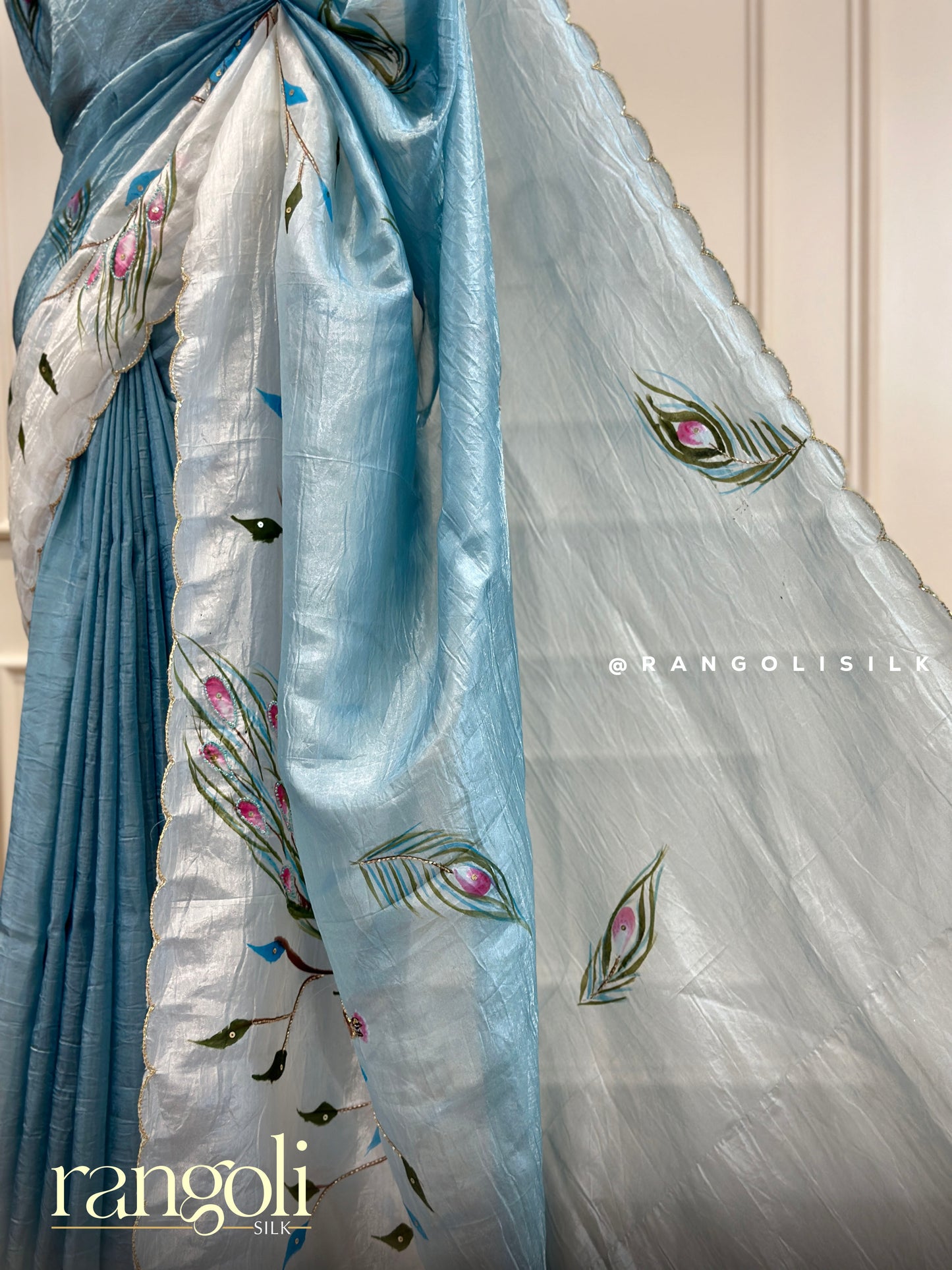 Designer Saree with Peacock Motifs and Hand-Painted Detailing - Post 446