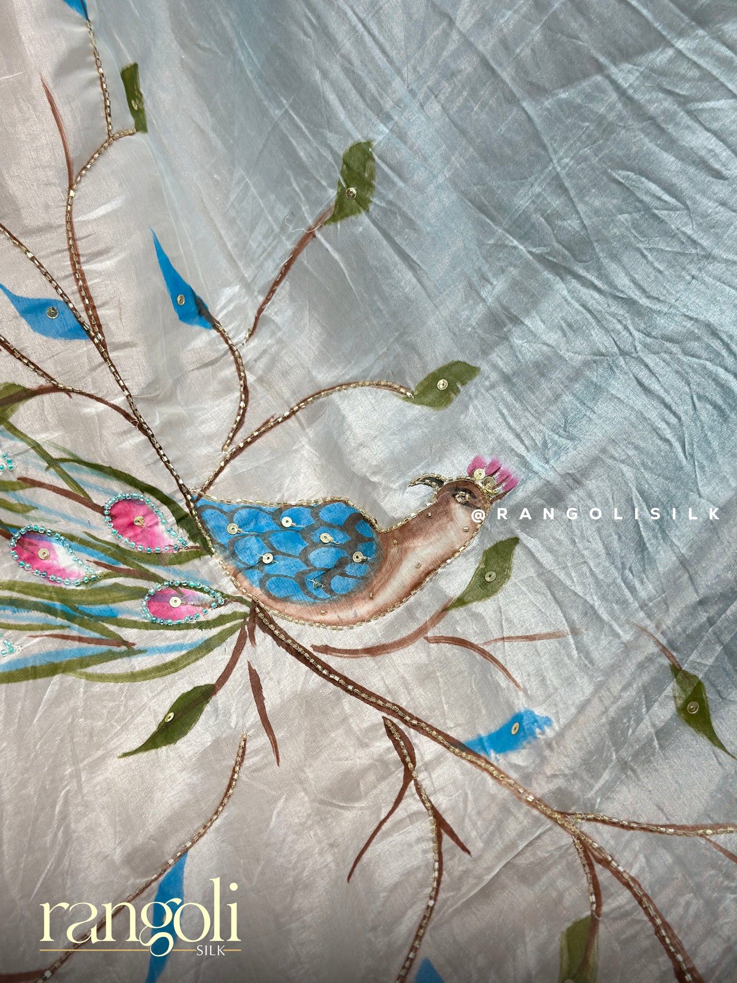 Designer Saree with Peacock Motifs and Hand-Painted Detailing - Post 446