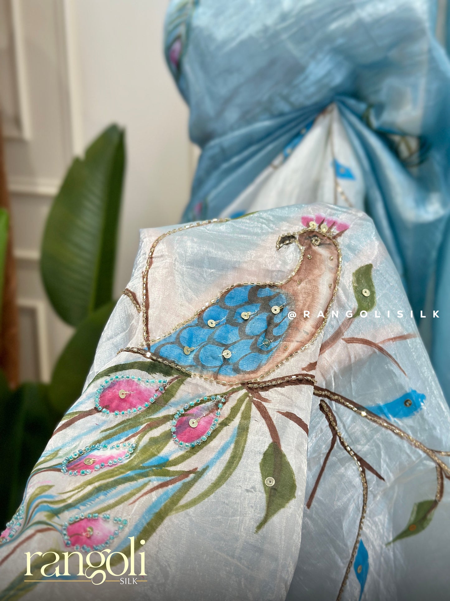 Designer Saree with Peacock Motifs and Hand-Painted Detailing - Post 446