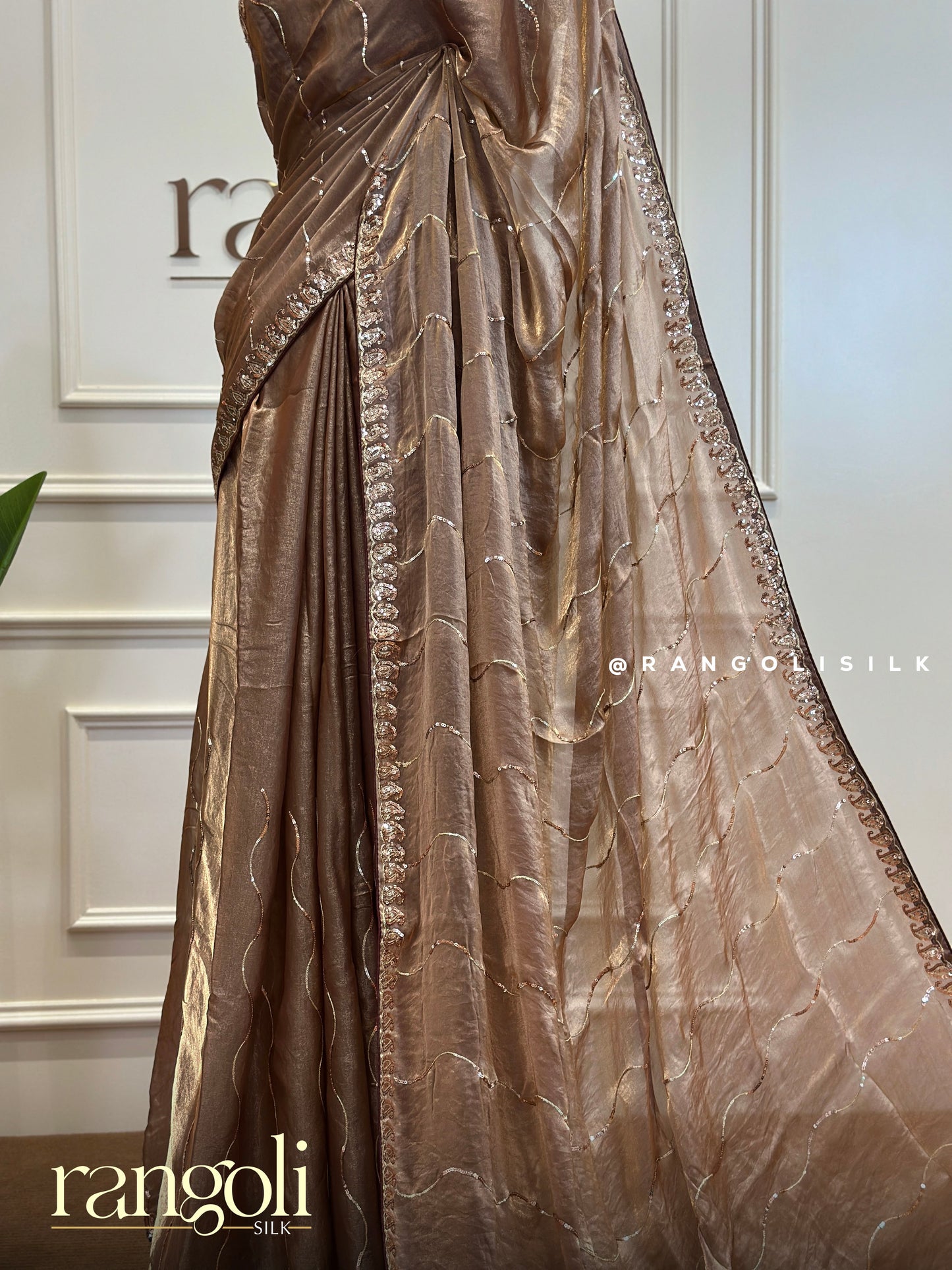 Designer Saree in Brown-Gold Hue with Subtle Shimmer - Post 444