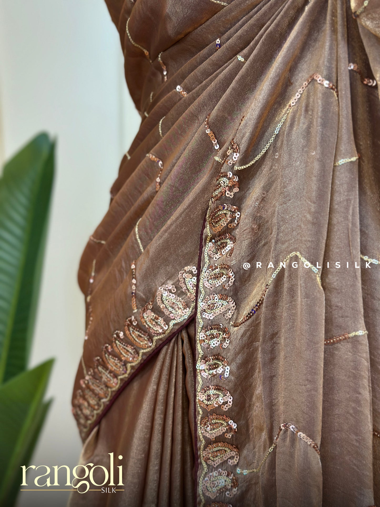 Designer Saree in Brown-Gold Hue with Subtle Shimmer - Post 444