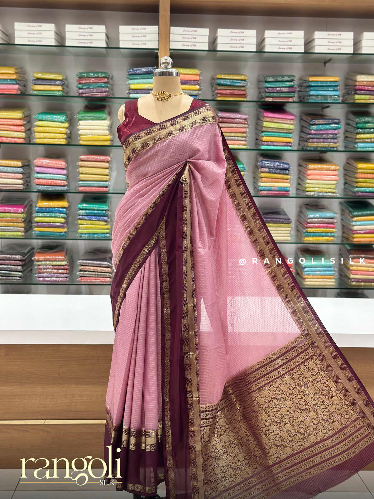 Semi Mysore Silk Saree with Classic Check Pattern & Contrast Border - Post 965