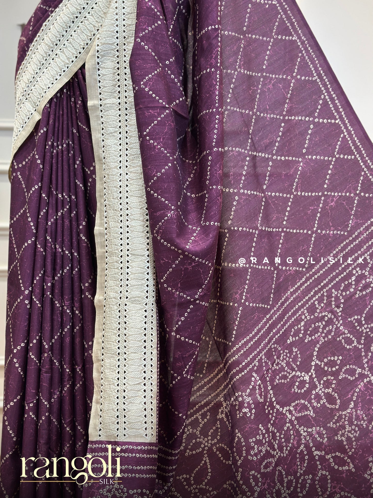 Cotton Saree with Bandhani Geometric Pattern and White Embroidery Border - Post 447
