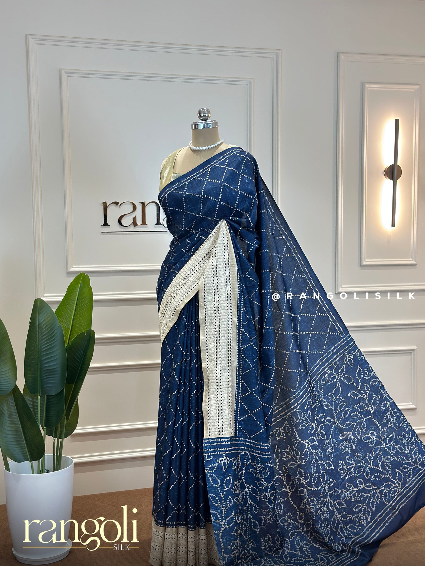 Cotton Saree with Bandhani Geometric Pattern and White Embroidery Border - Post 447