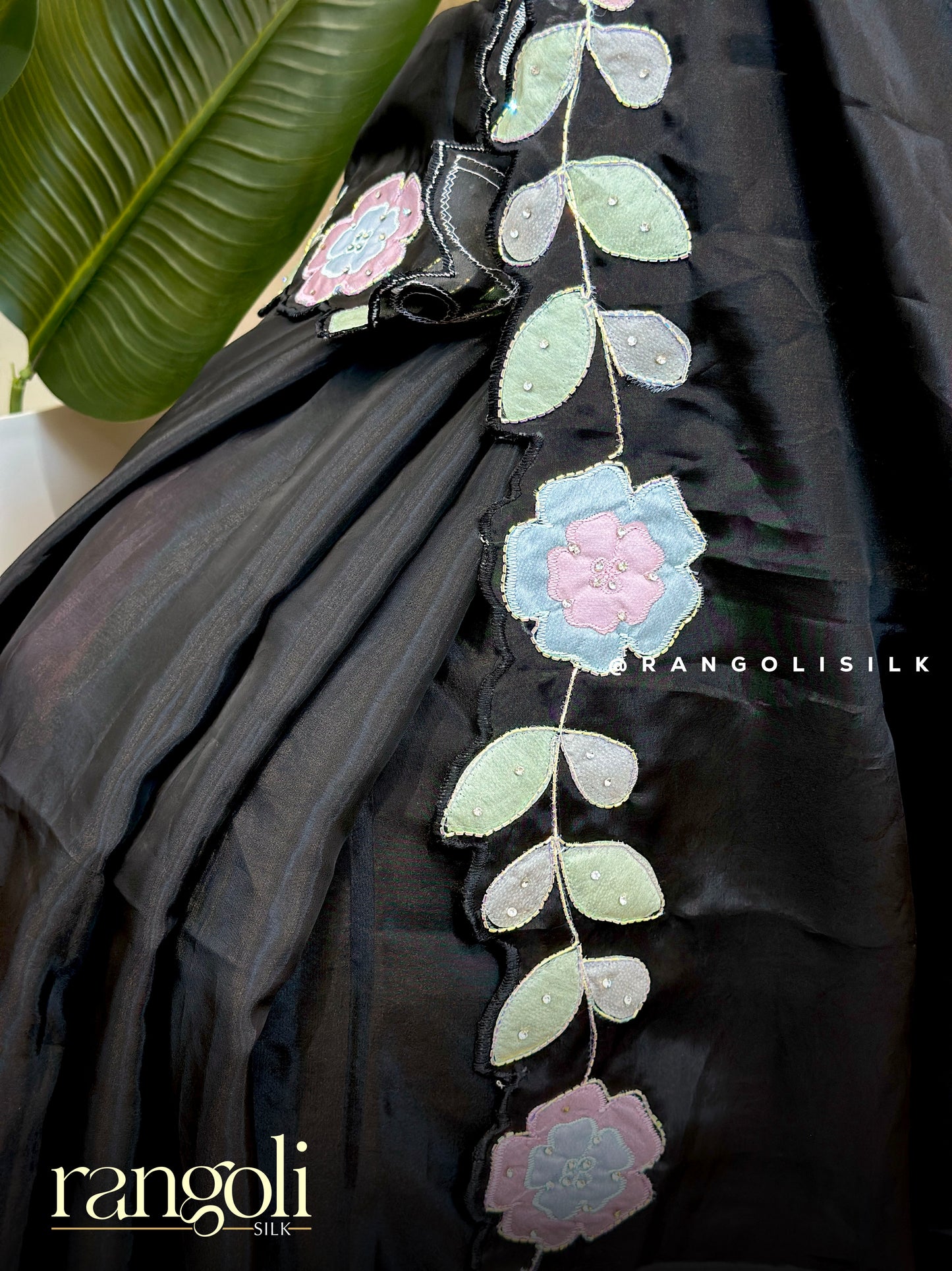 Black Designer Saree with Pastel Floral Detailing - Post 731