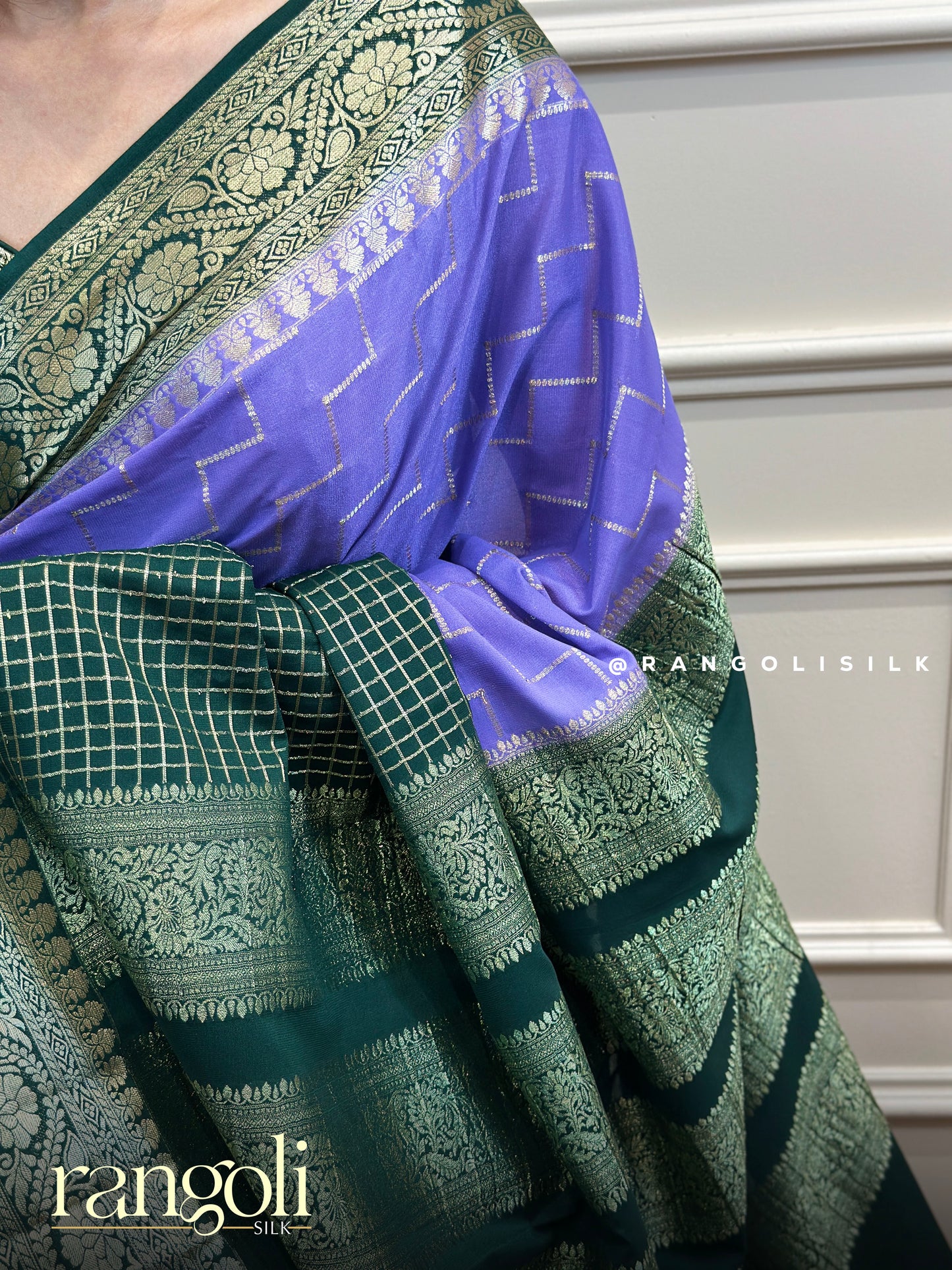 Semi Mysore Silk Lavender & Emerald Green Zari Saree with Geometric Pattern - Post 743