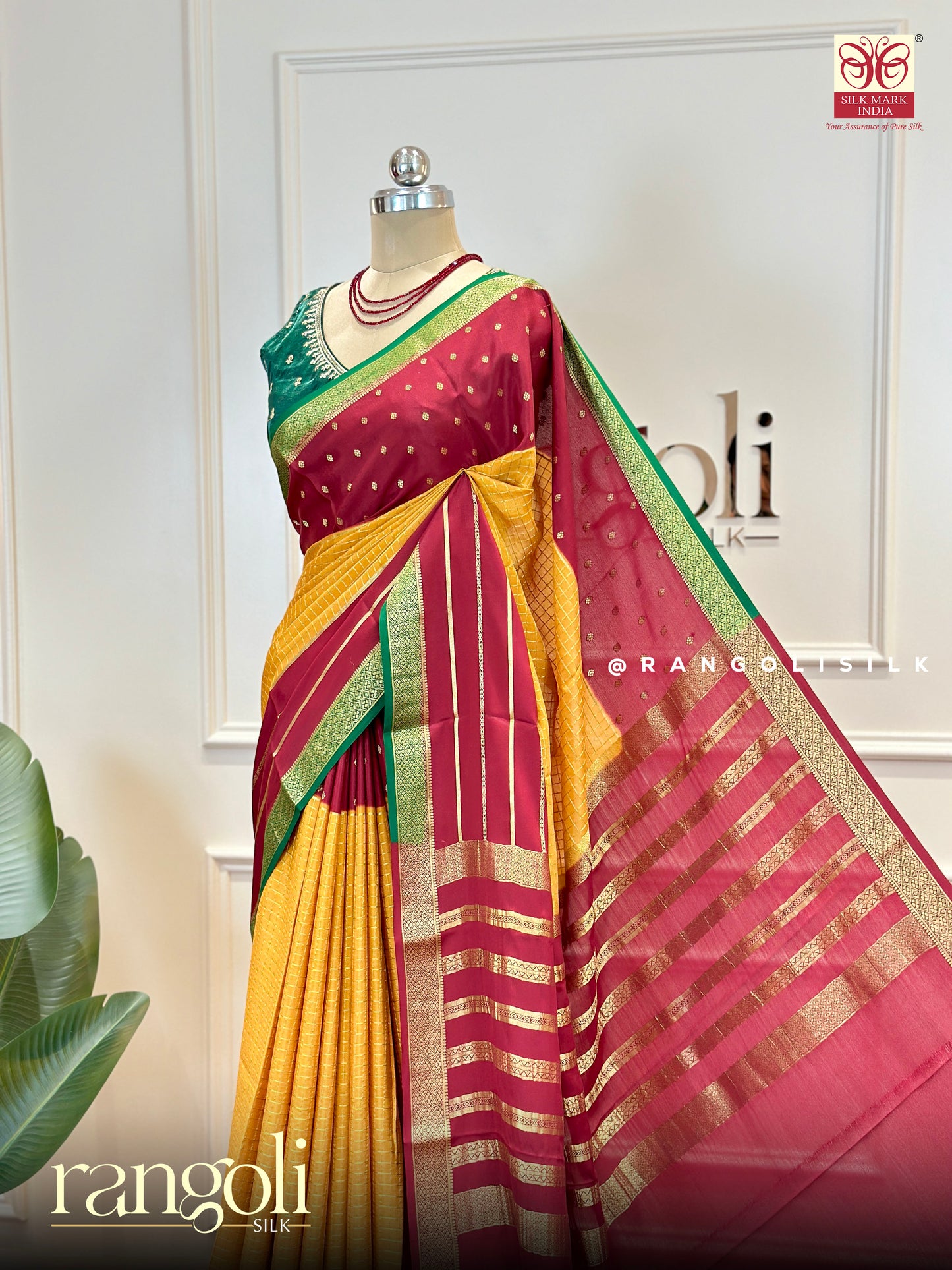Classic Pure Mysore Silk Saree – Maroon, Mustard & Green - Post 554