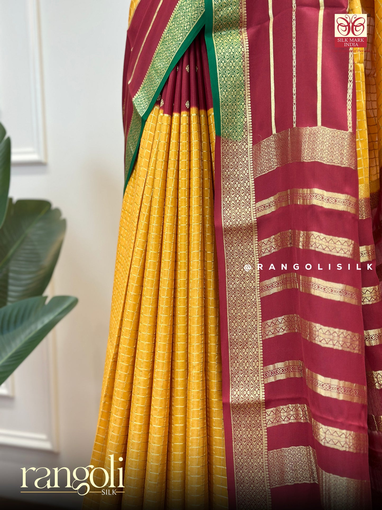 Classic Pure Mysore Silk Saree – Maroon, Mustard & Green - Post 554