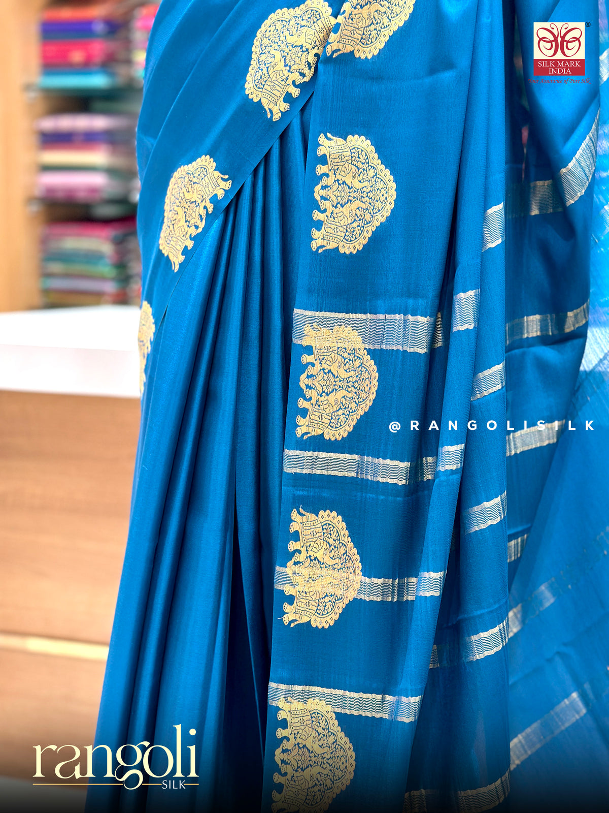 Pure Mysore Crepe Silk Saree with Gold Zari Elephant Motifs - Silk Mark Certified - Post 1064