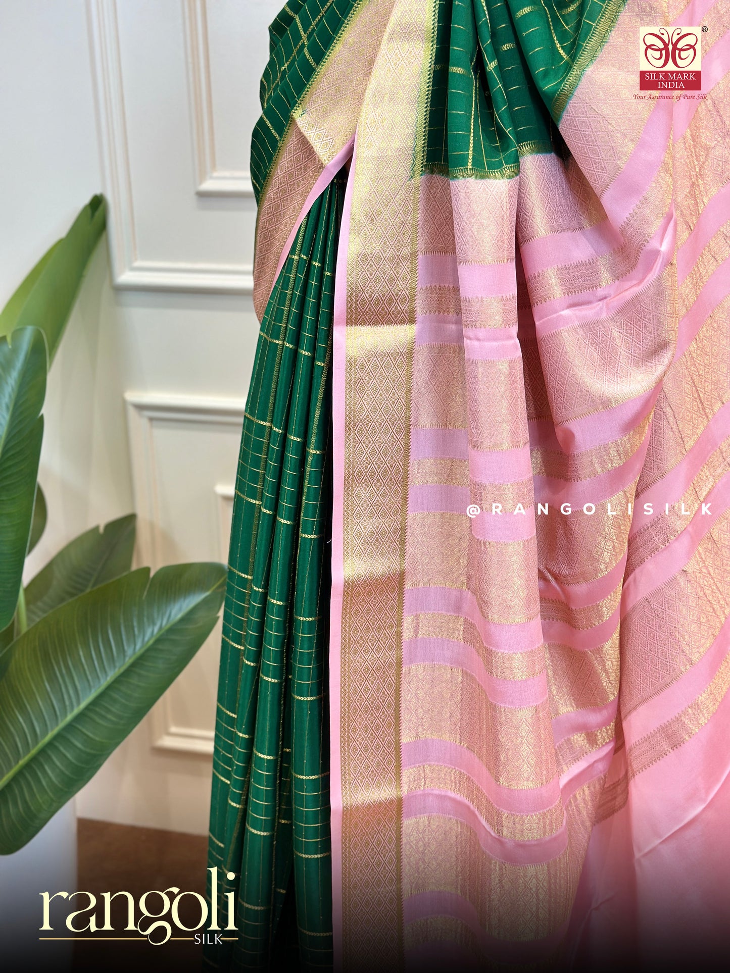 Pure Mysore Silk Saree – Deep Green & Blush Pink with Gold Border - Post 735
