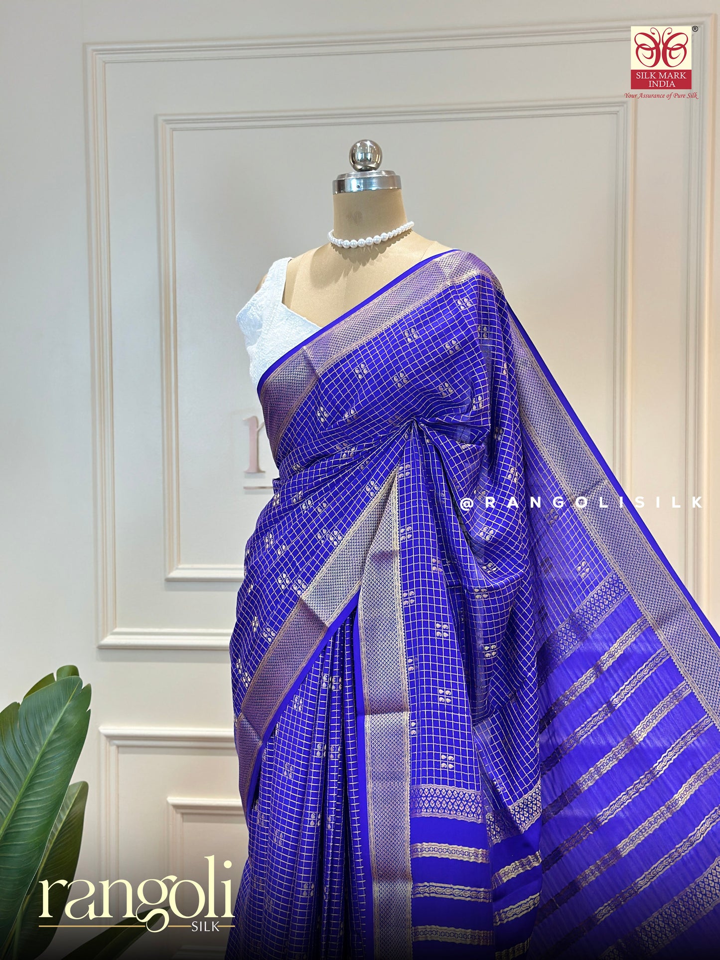 Pure Mysore Silk Saree – Royal Blue with Elegant Checked Pattern - Post 556