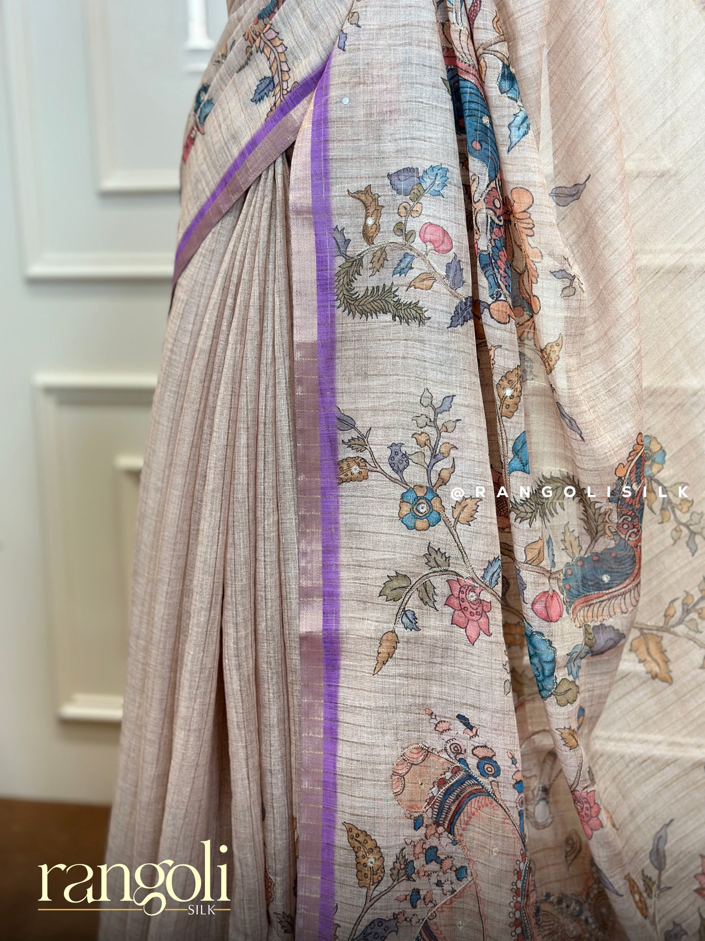 Elegant Cotton Saree with Elephant & Peacock Motifs and Delicate Floral Design - Post 560