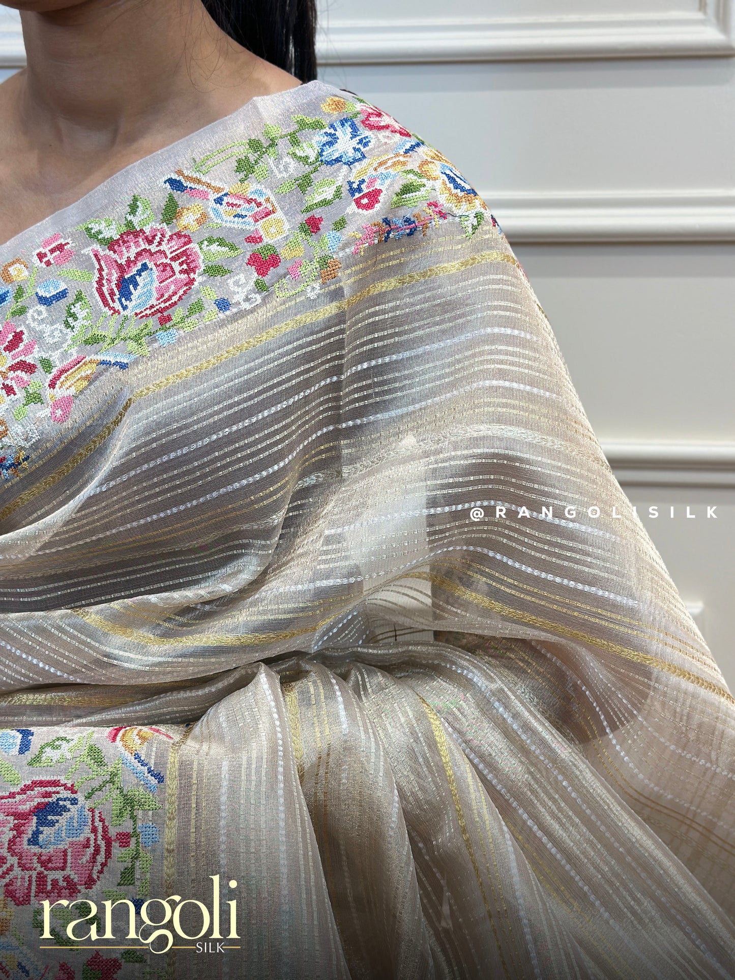 Multicolour Embroidered Mix Cotton Saree with Striped Detailing - Post 855