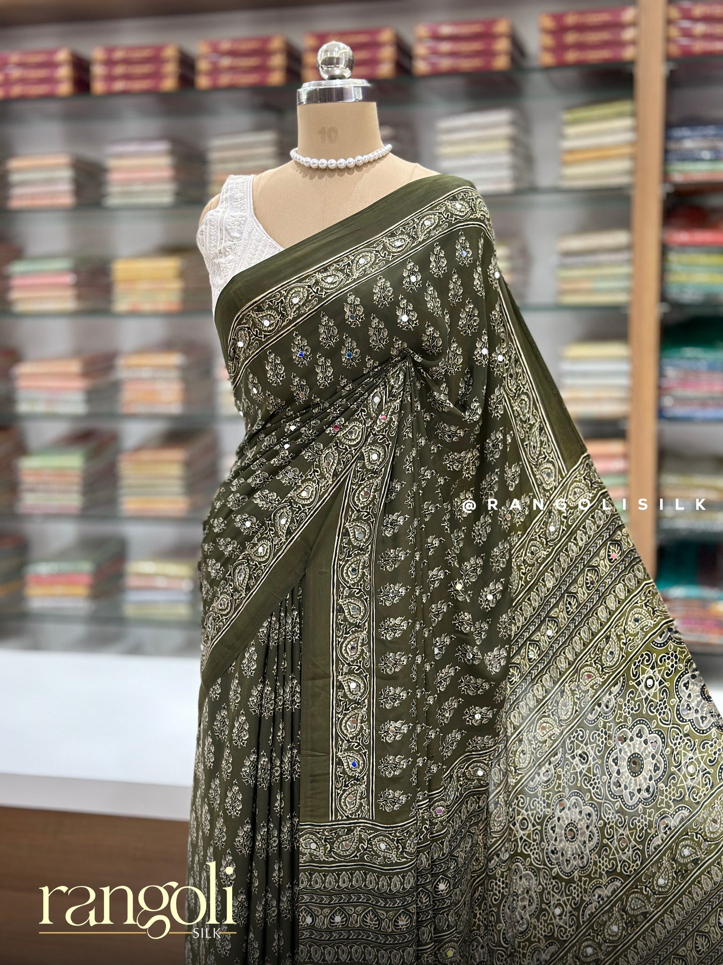Ajrakh Printed Mirror Work Saree with Ethnic Motifs & Designer Pallu - Post 971