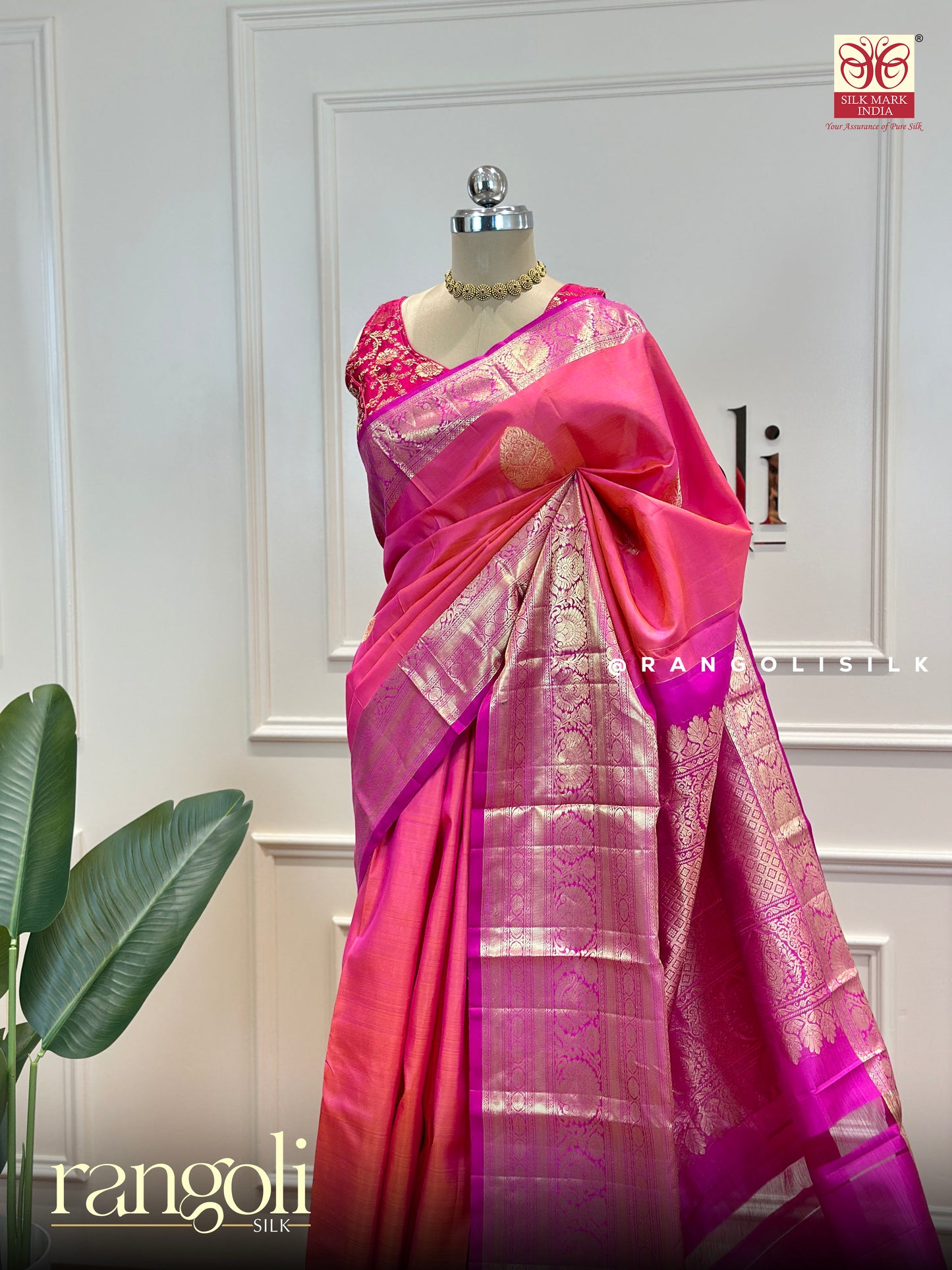 Pure Kanjivaram Silk Saree in Pink with Intricate Golden Zari Weaving - Post 558