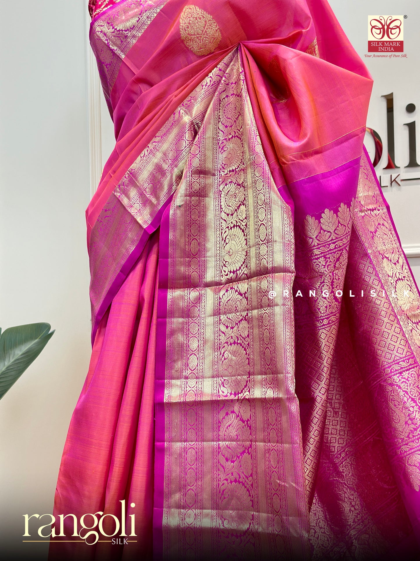 Pure Kanjivaram Silk Saree in Pink with Intricate Golden Zari Weaving - Post 558