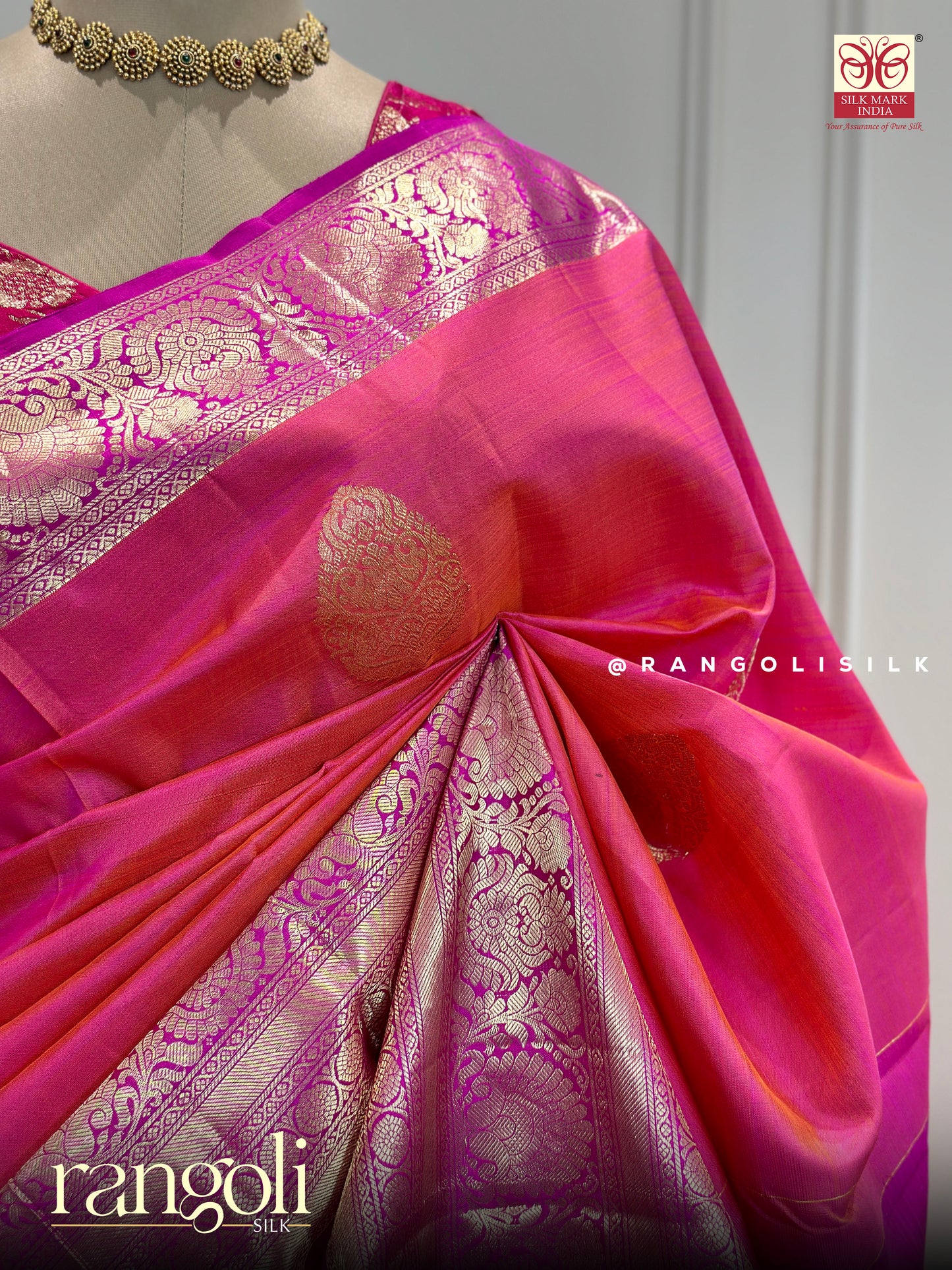 Pure Kanjivaram Silk Saree in Pink with Intricate Golden Zari Weaving - Post 558