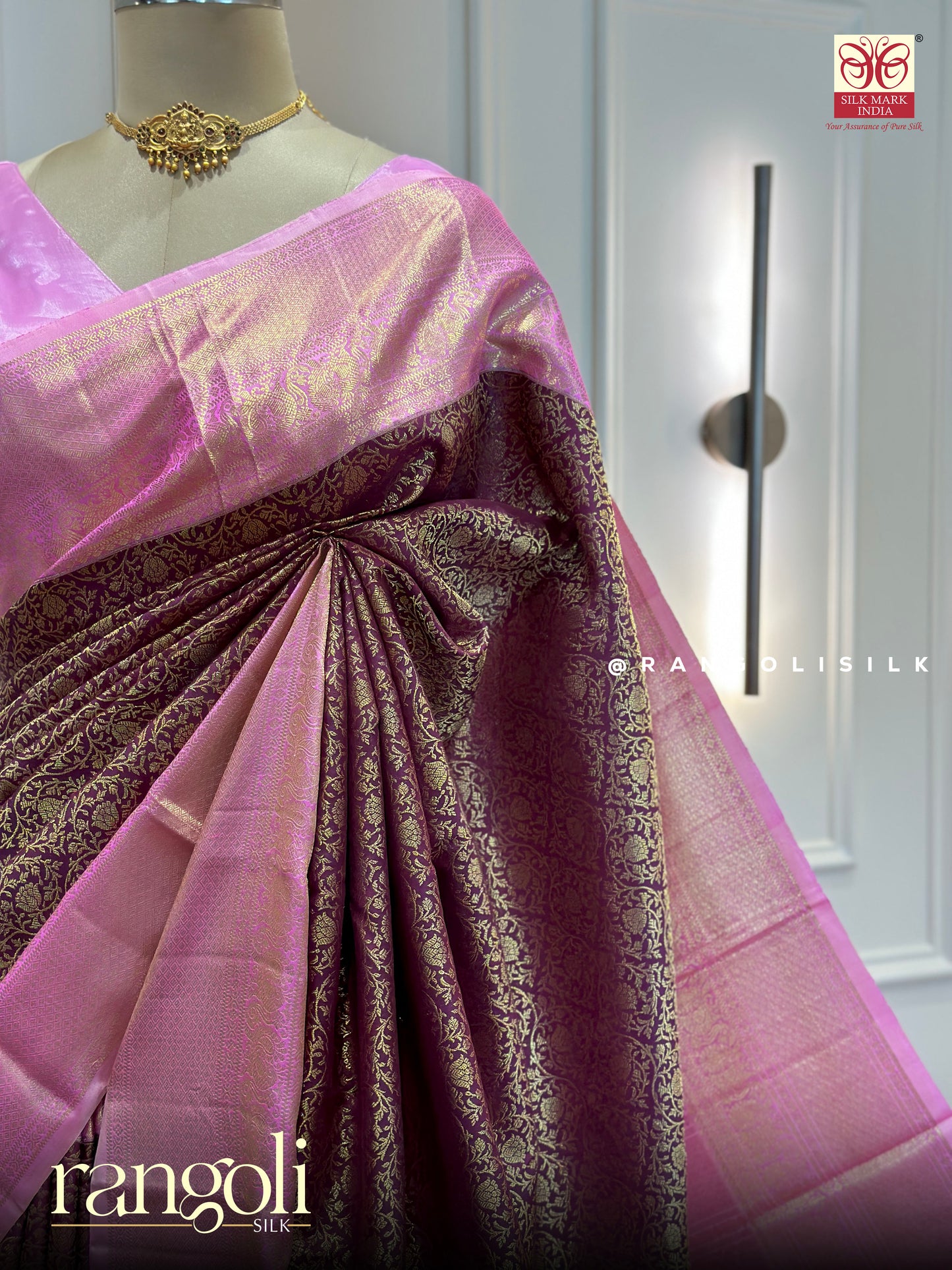Pure Kanjivaram Silk Saree in Deep Wine Purple & Pink with Rich Gold Zari Weaving - Silk Mark Certified - Post 975