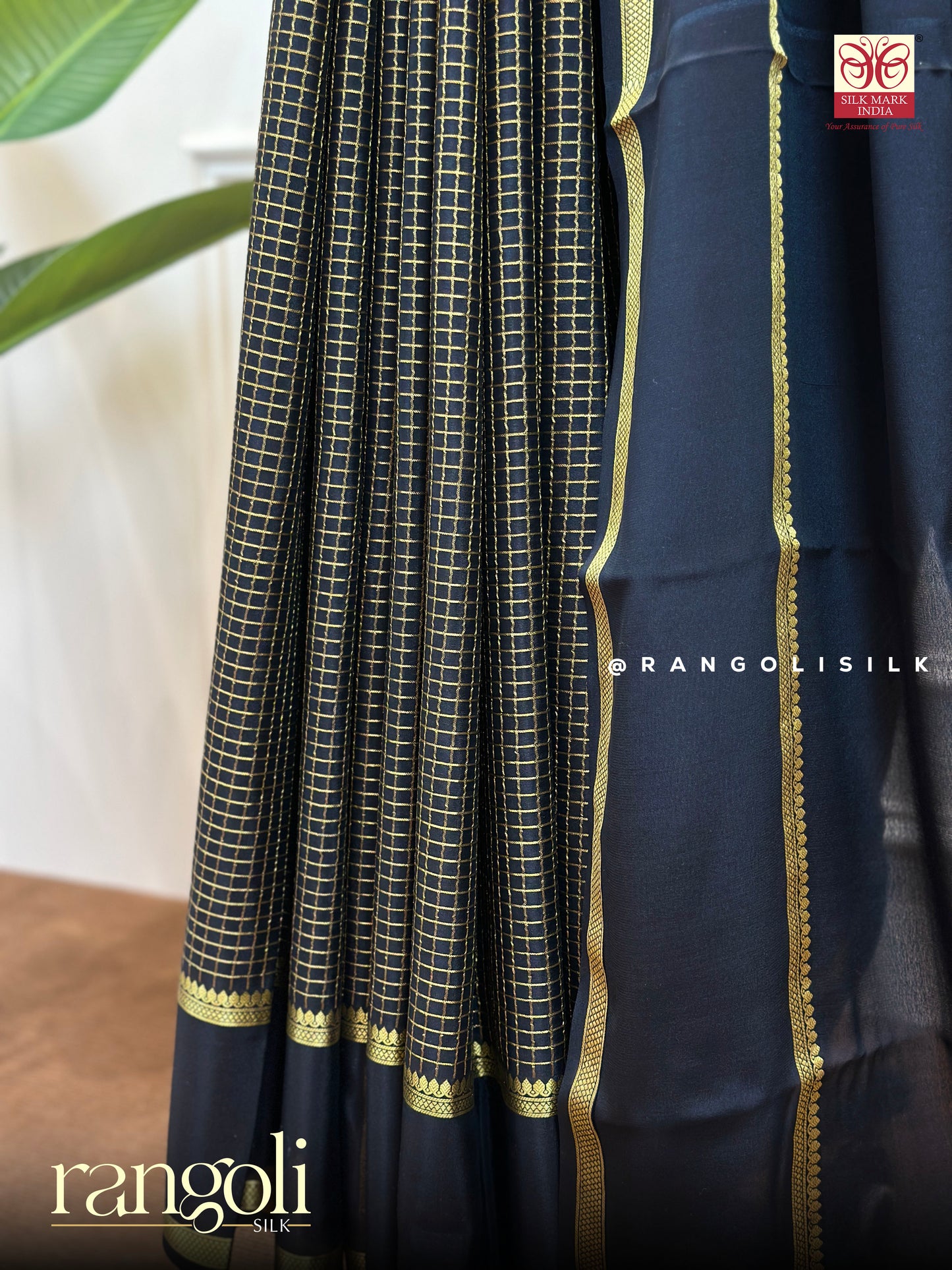 Pure Mysore Silk Saree with Gold Checks & Classic Border - Post 660