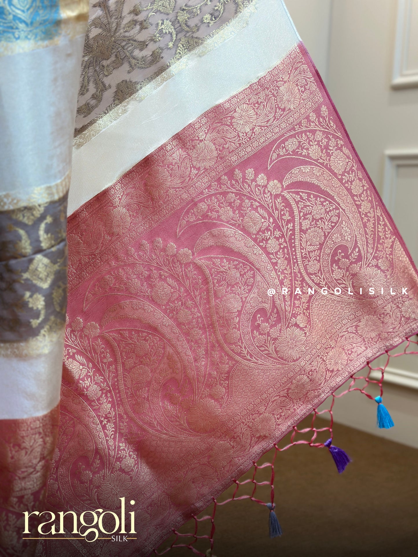 Elegant Ivory Dupion Silk Saree with Antique Gold Zari Work & Tassel Pallu - Post 872