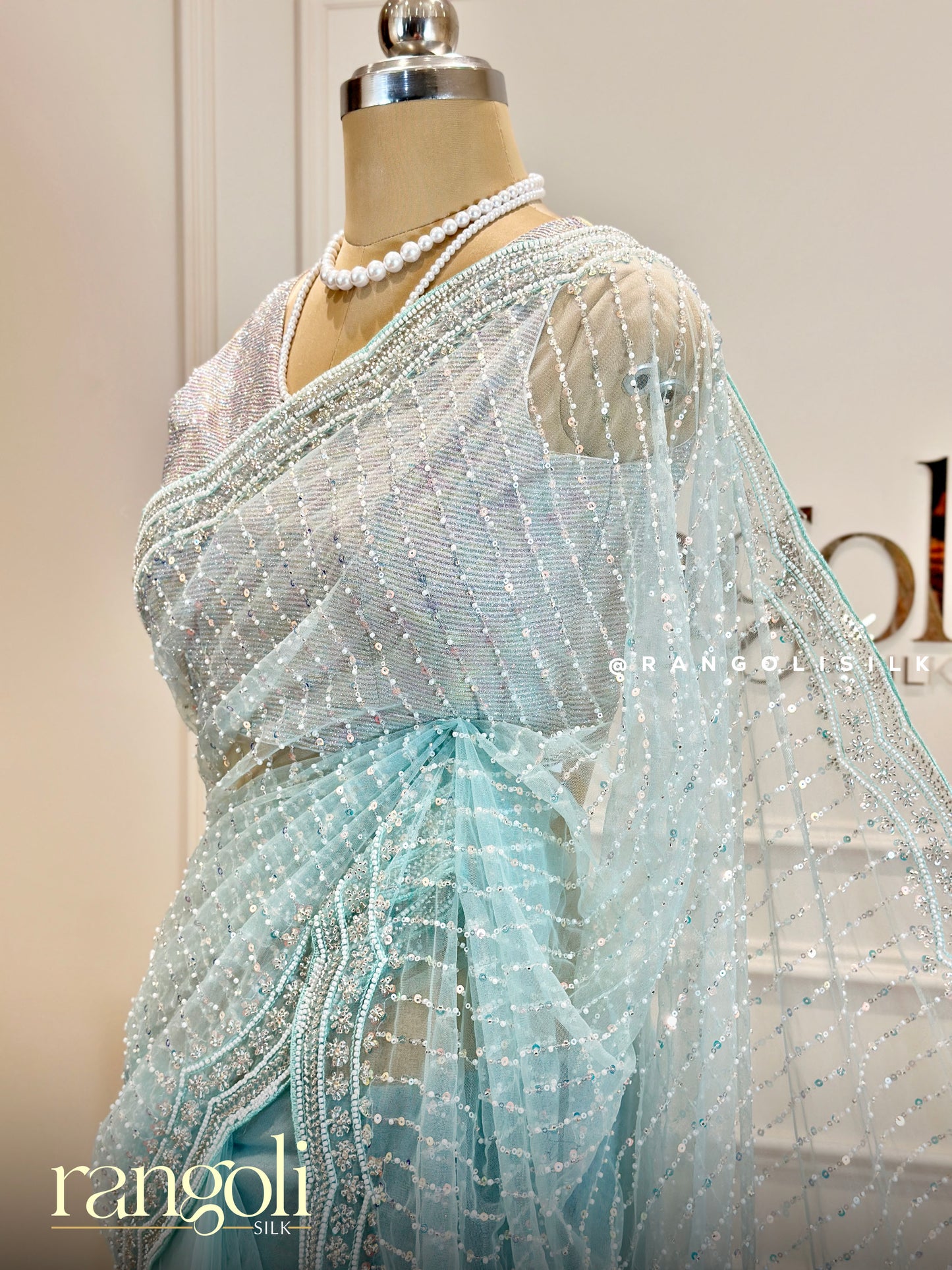 Icy Blue Designer Saree with Delicate Sequin Embellishments - Post 452
