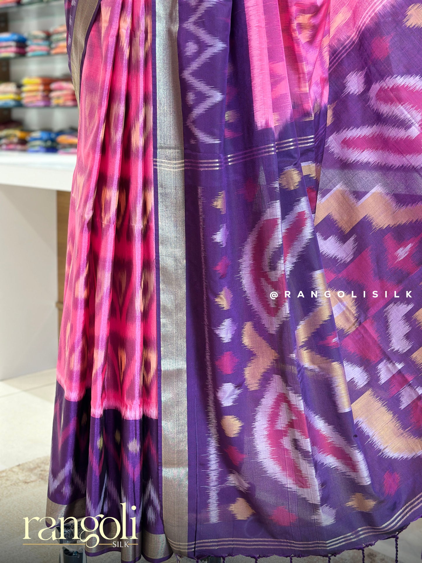 Soft Silk Pochampally Ikat Saree in Pink & Purple with Zari Border - Post 981