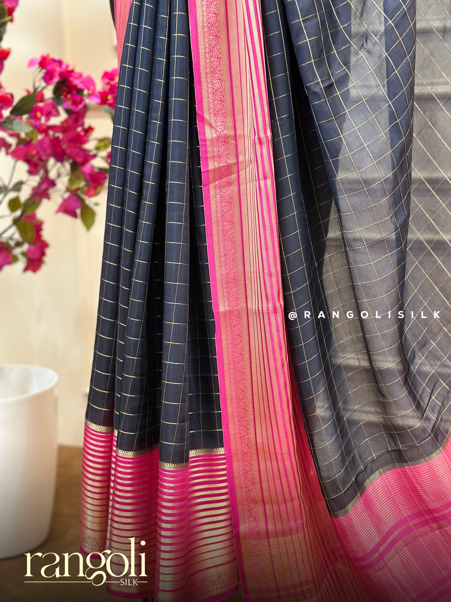 Semi Mysore Silk Crepe Saree with Gold Zari Checks - Post 856