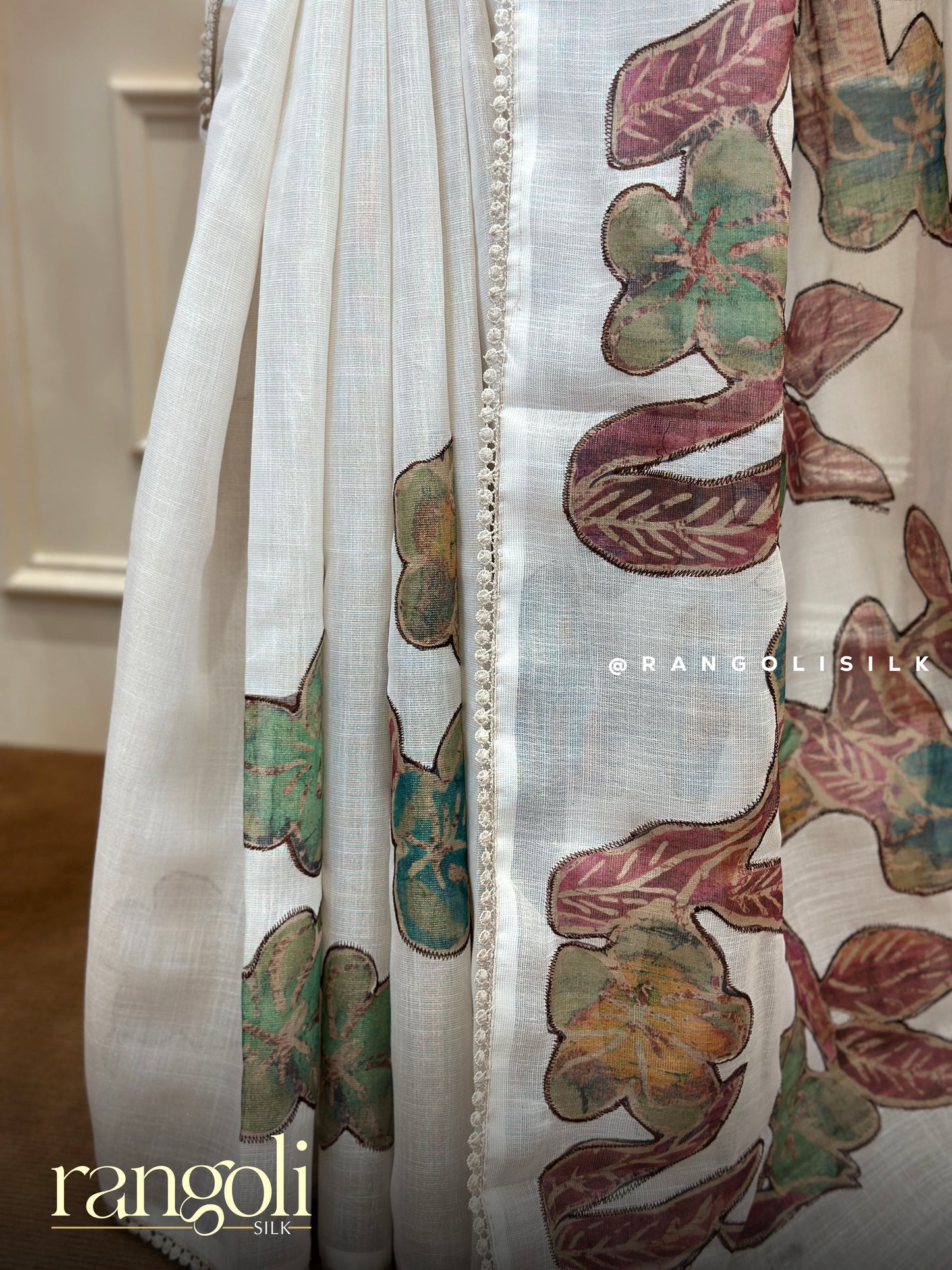Fancy Cotton Saree in Ivory White with Multicolor Floral Design - Post 878