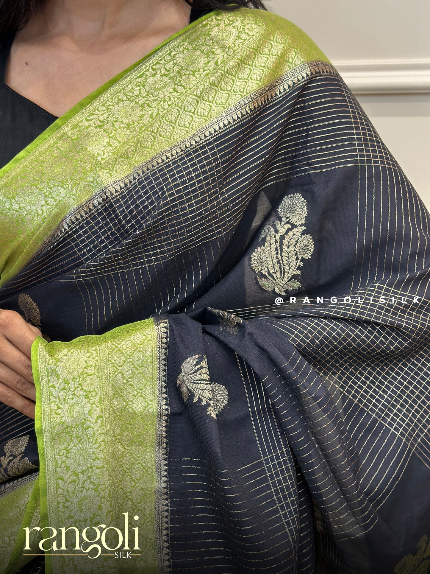 Semi Mysore Silk Saree Black Body with Green Contrast Border - Post 862