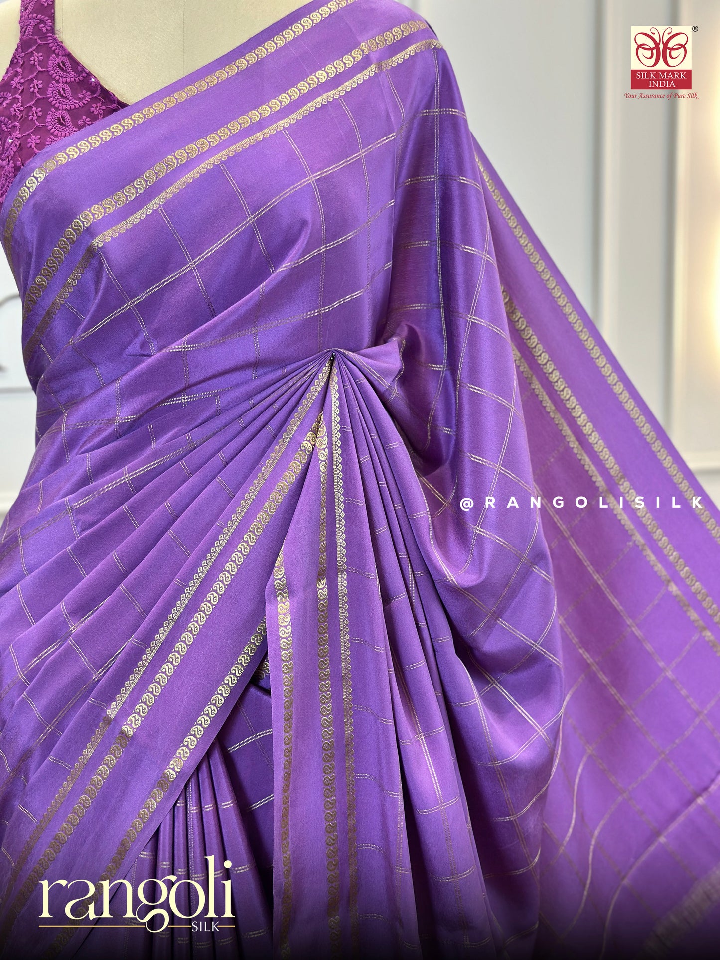 Pure Crepe Silk Saree in Royal Purple with Zari Checks - Post 454