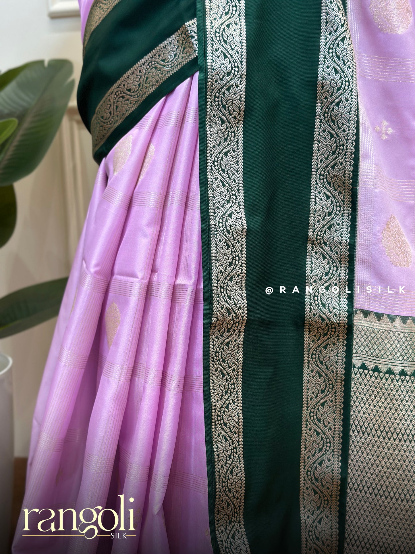 Soft Silk Saree in Lavender with Deep Green Contrast & Intricate Bentex Border - Post 866