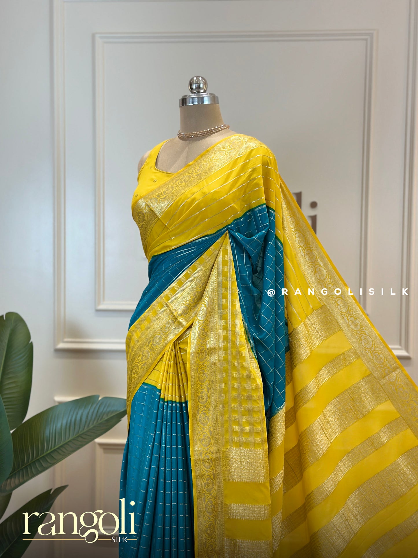 Sunshine Yellow & Teal Blue Semi Mysore Silk Saree with Zari Detailing – Post 568
