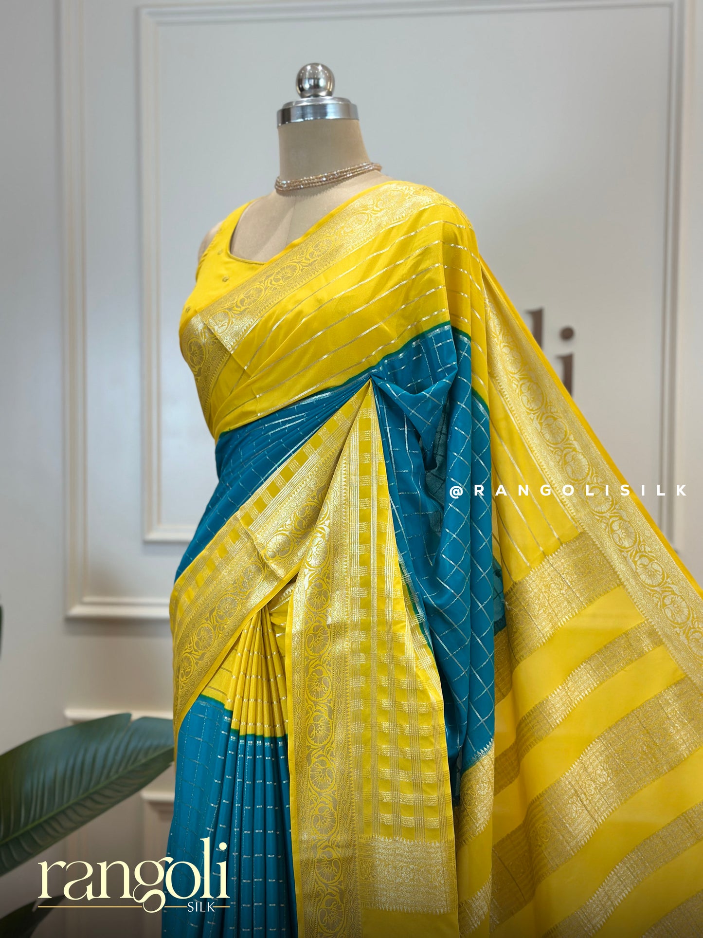 Sunshine Yellow & Teal Blue Semi Mysore Silk Saree with Zari Detailing – Post 568
