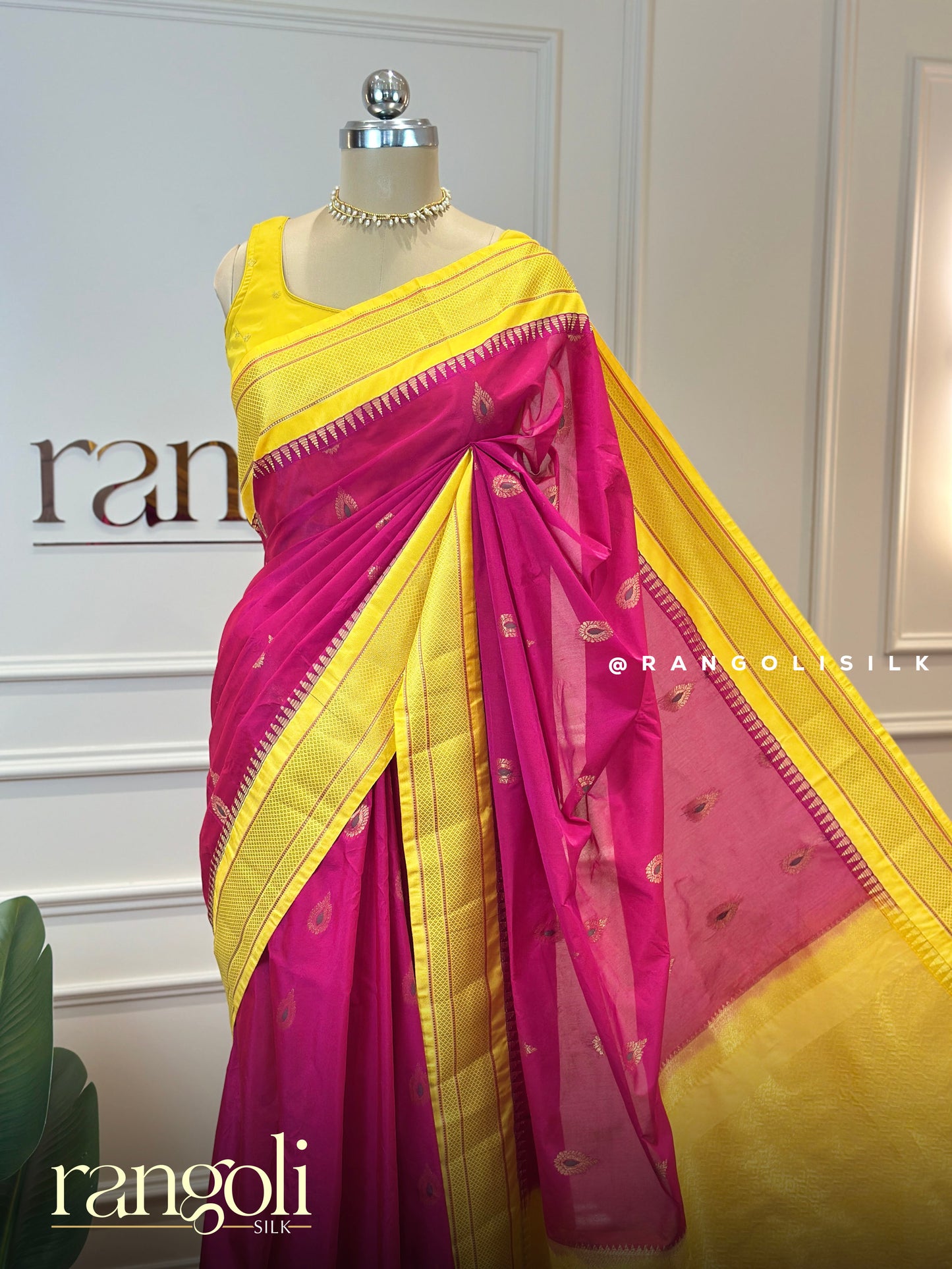 Sunshine Yellow & Rani Pink Gadwal Cotton Saree with Zari Border - Post 747