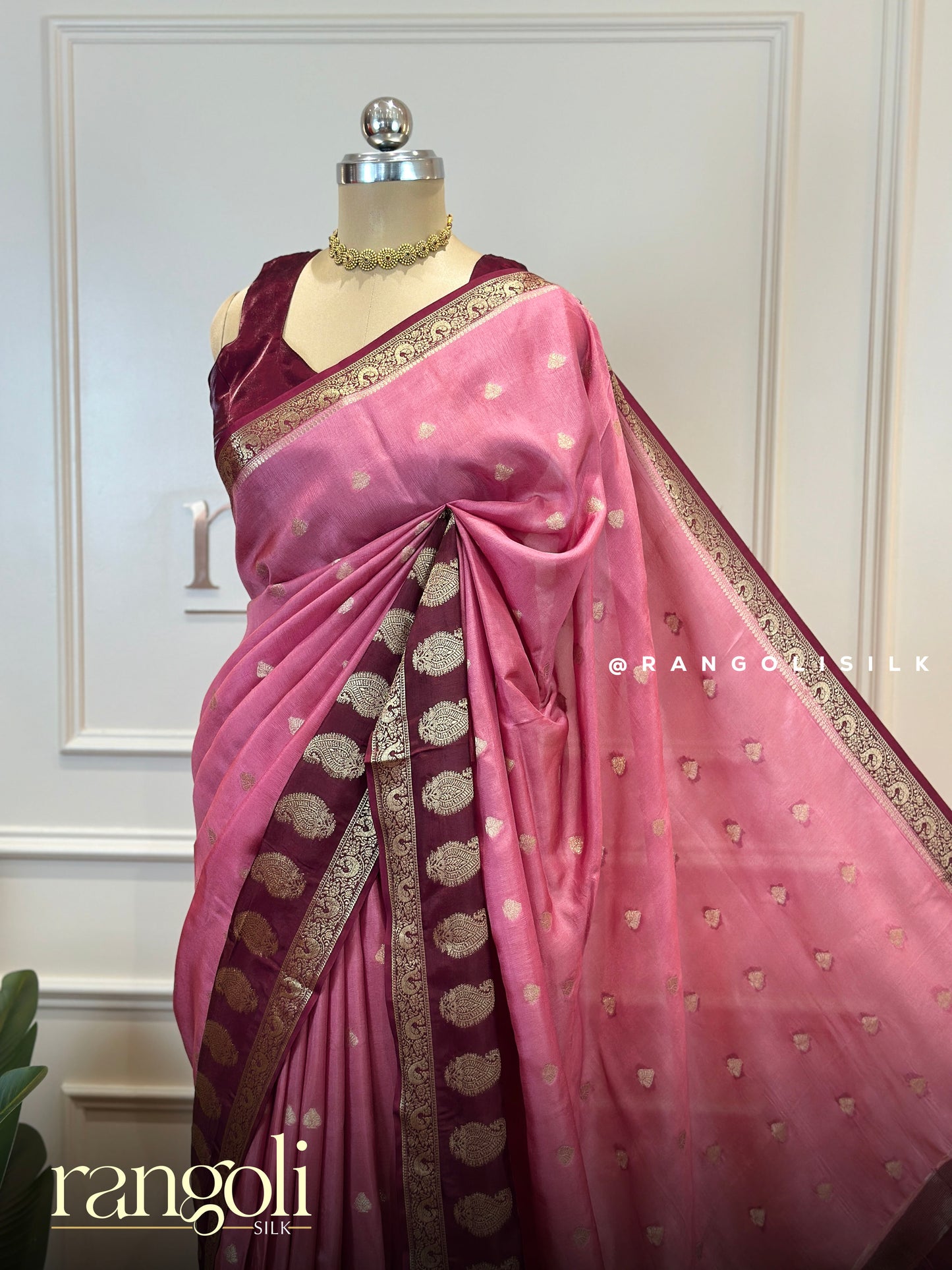 Banarasi Silk Saree with Gold Zari Buttas & Contrast Border - Post 742