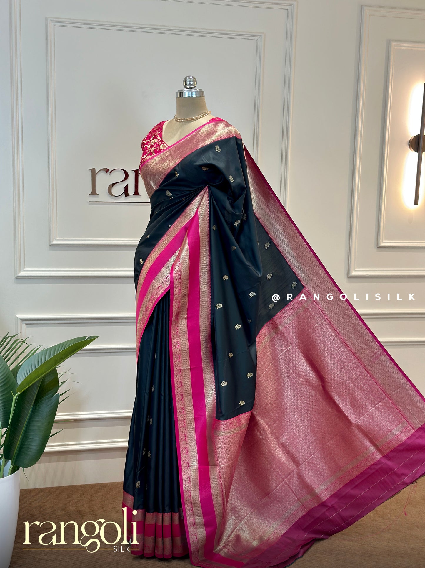 Timeless Black & Pink Semi Silk Saree with Golden Motifs and Vibrant Pallu - Post 570