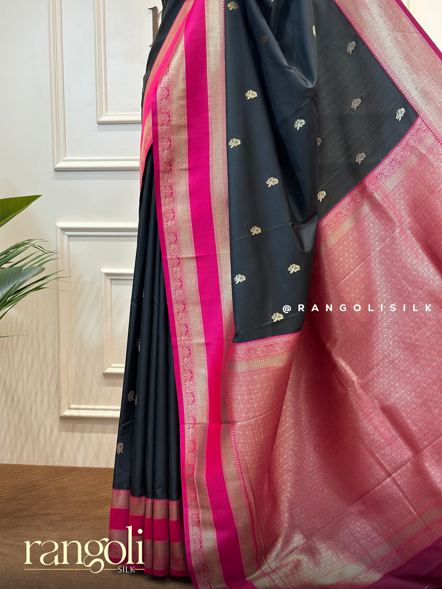 Timeless Black & Pink Semi Silk Saree with Golden Motifs and Vibrant Pallu - Post 570