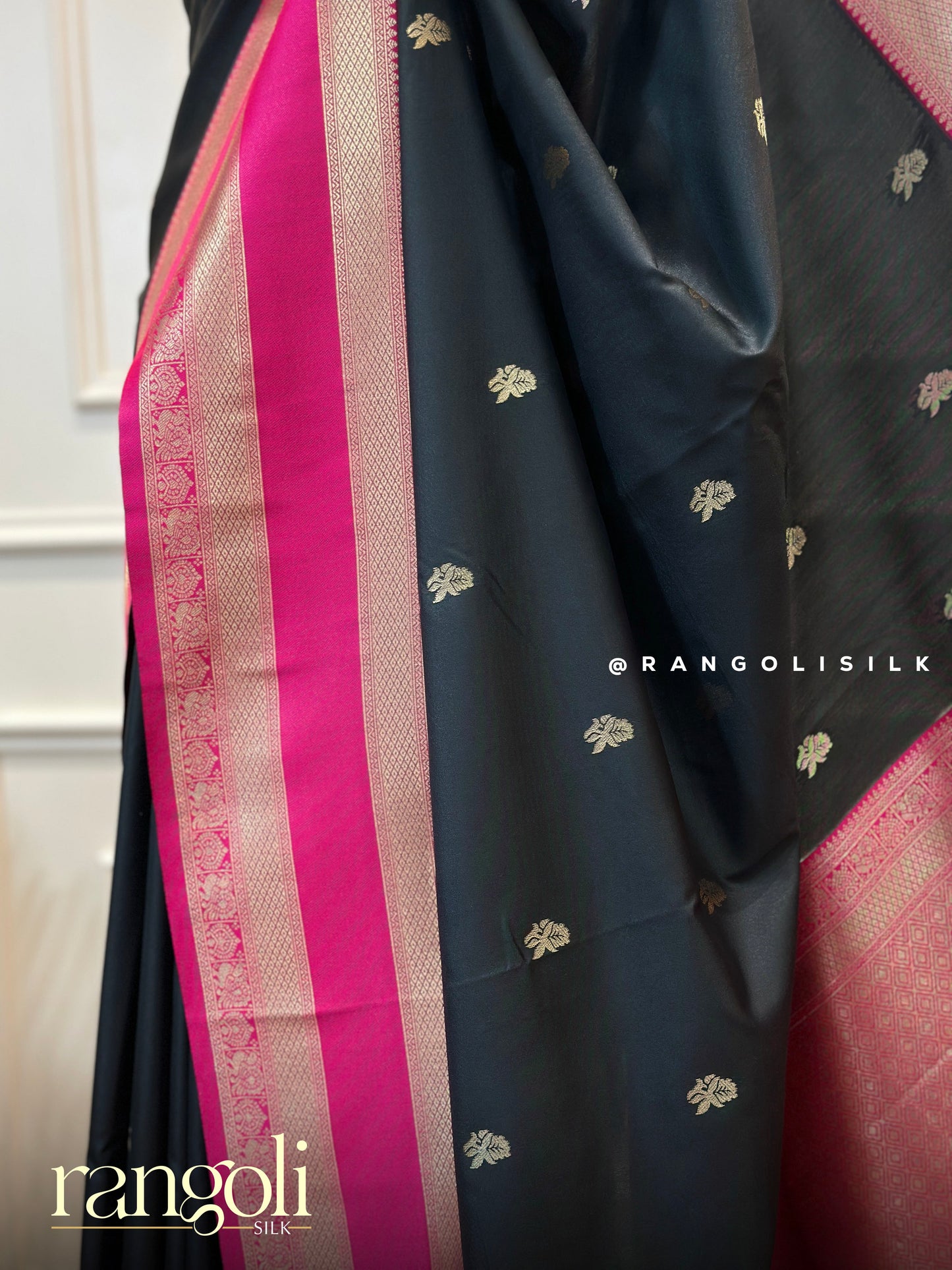 Timeless Black & Pink Semi Silk Saree with Golden Motifs and Vibrant Pallu - Post 570
