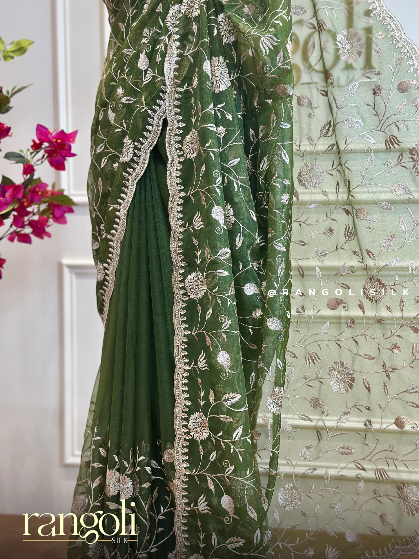 Designer Saree in Regal Jewel Tones with Floral Embroidery & Scallop Border - Post 459