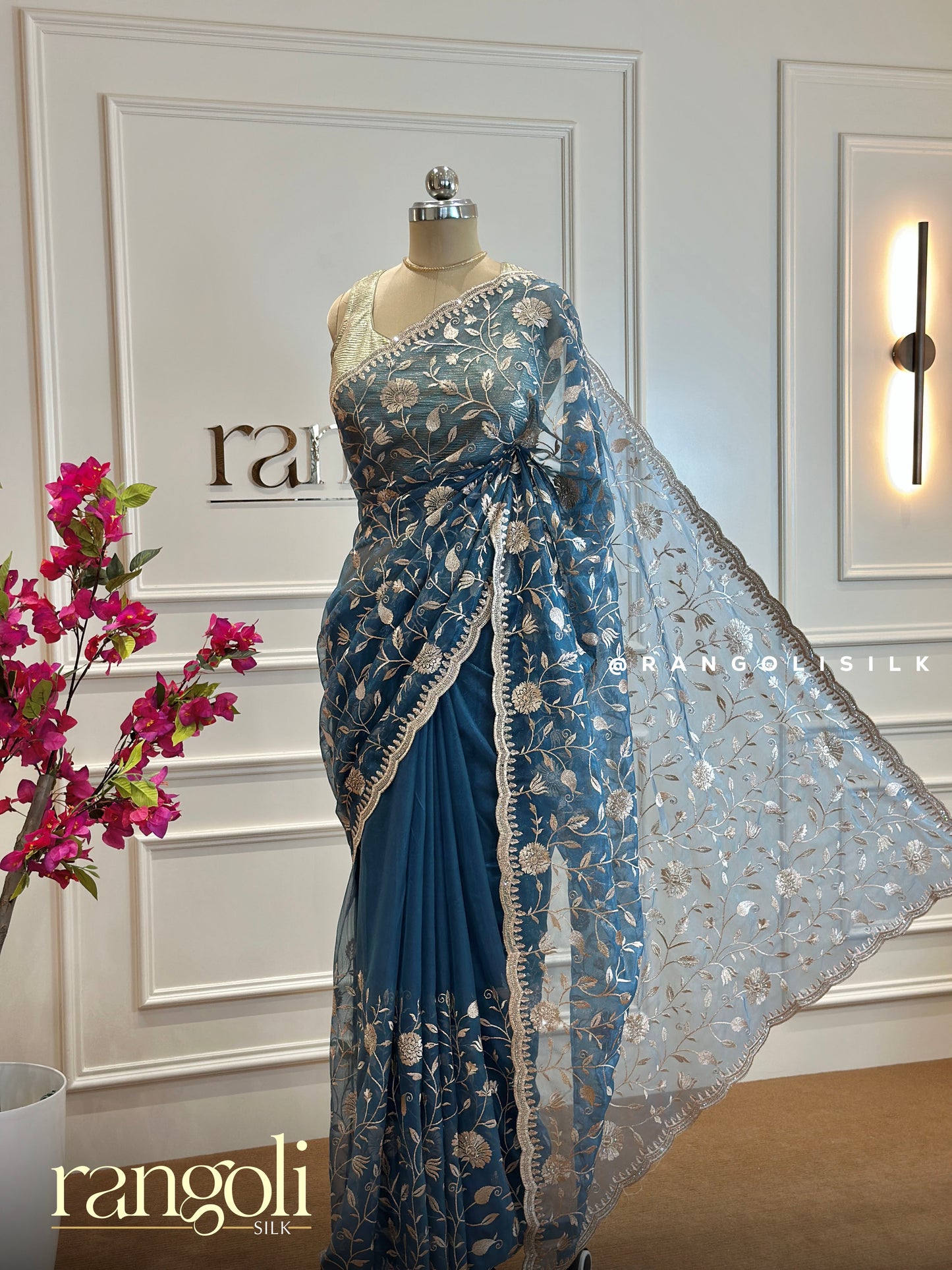 Designer Saree in Regal Jewel Tones with Floral Embroidery & Scallop Border - Post 459