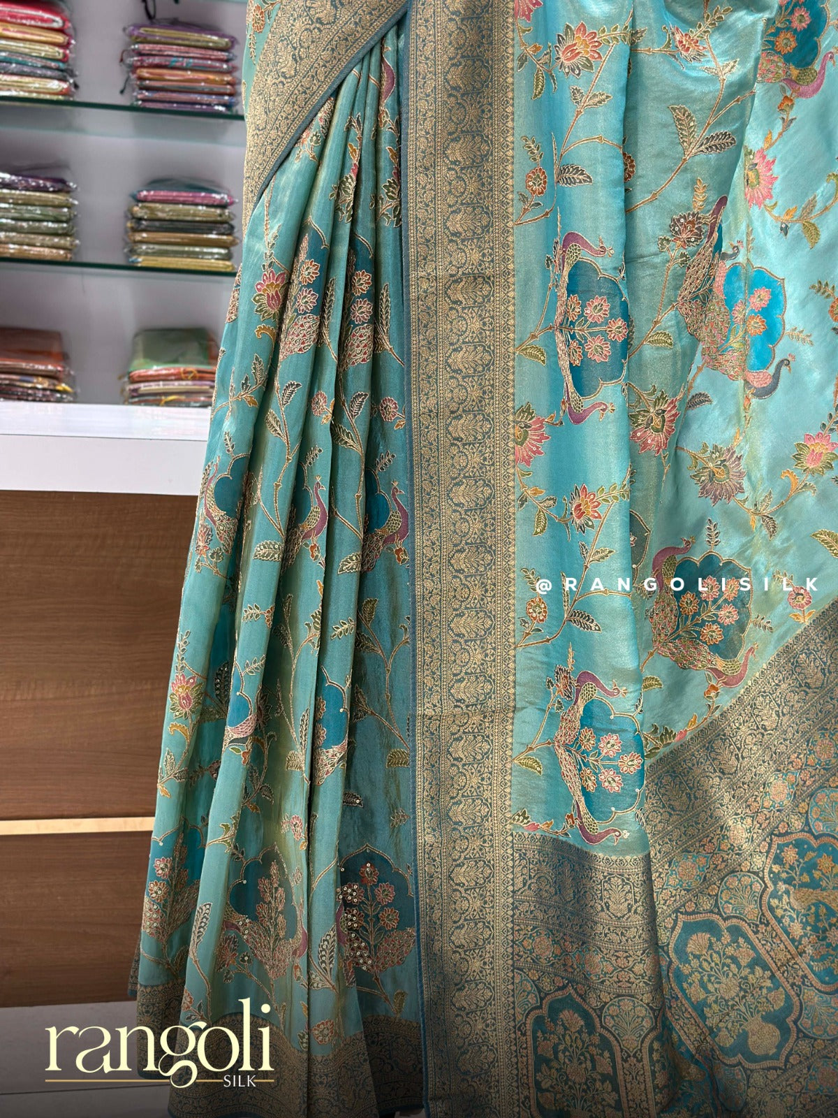Blue Green Banaras Tissue Mix Silk Saree with Gold Zari Weave - Post 939